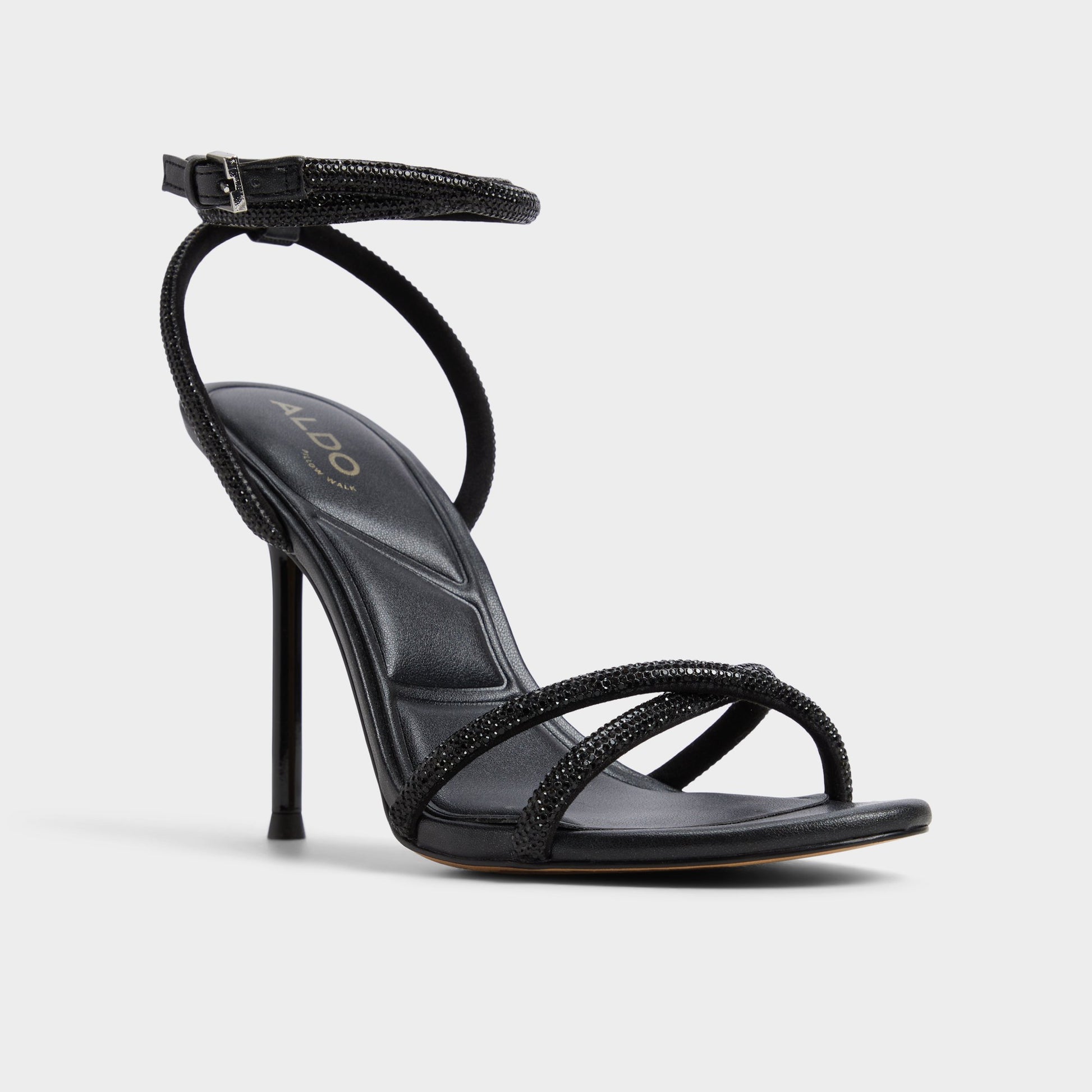 Three-quarter angle of Black Manaelden Strappy heeled sandal's front side