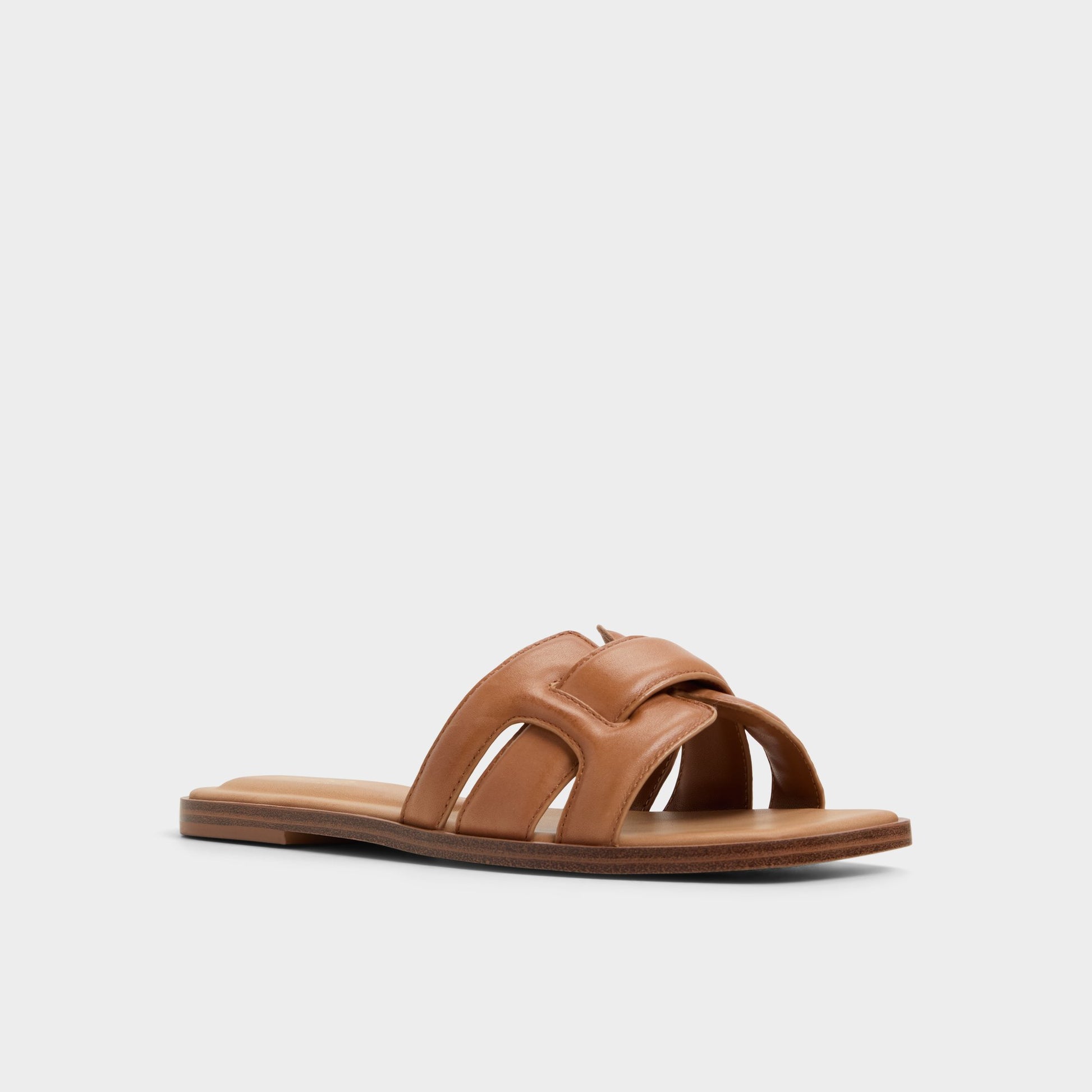 Three-quarter angle of Medium Brown Eleny Slide sandal's front side