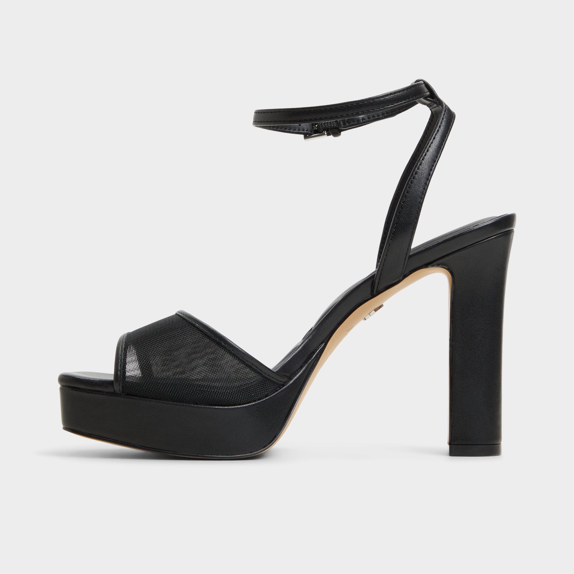 Side view of Black Chicglimmer Strappy heeled sandal