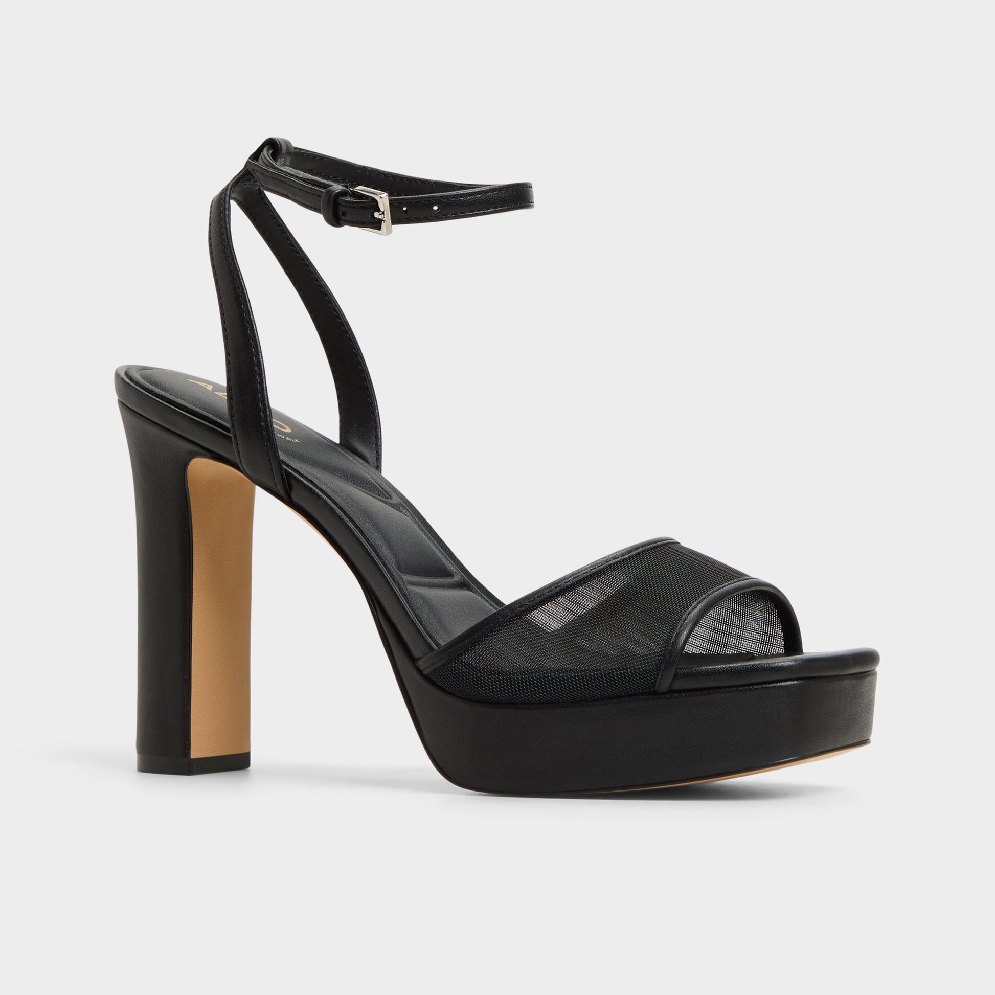 Three-quarter angle of Black Chicglimmer Strappy heeled sandal's front side