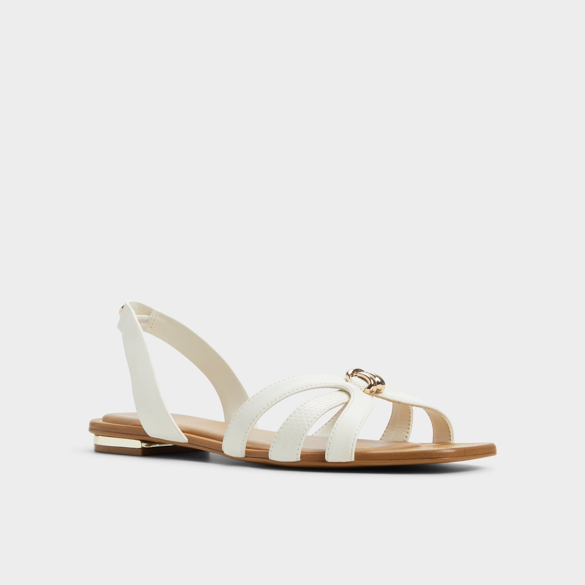 Three-quarter angle of White Marassita Flat sandal's front side