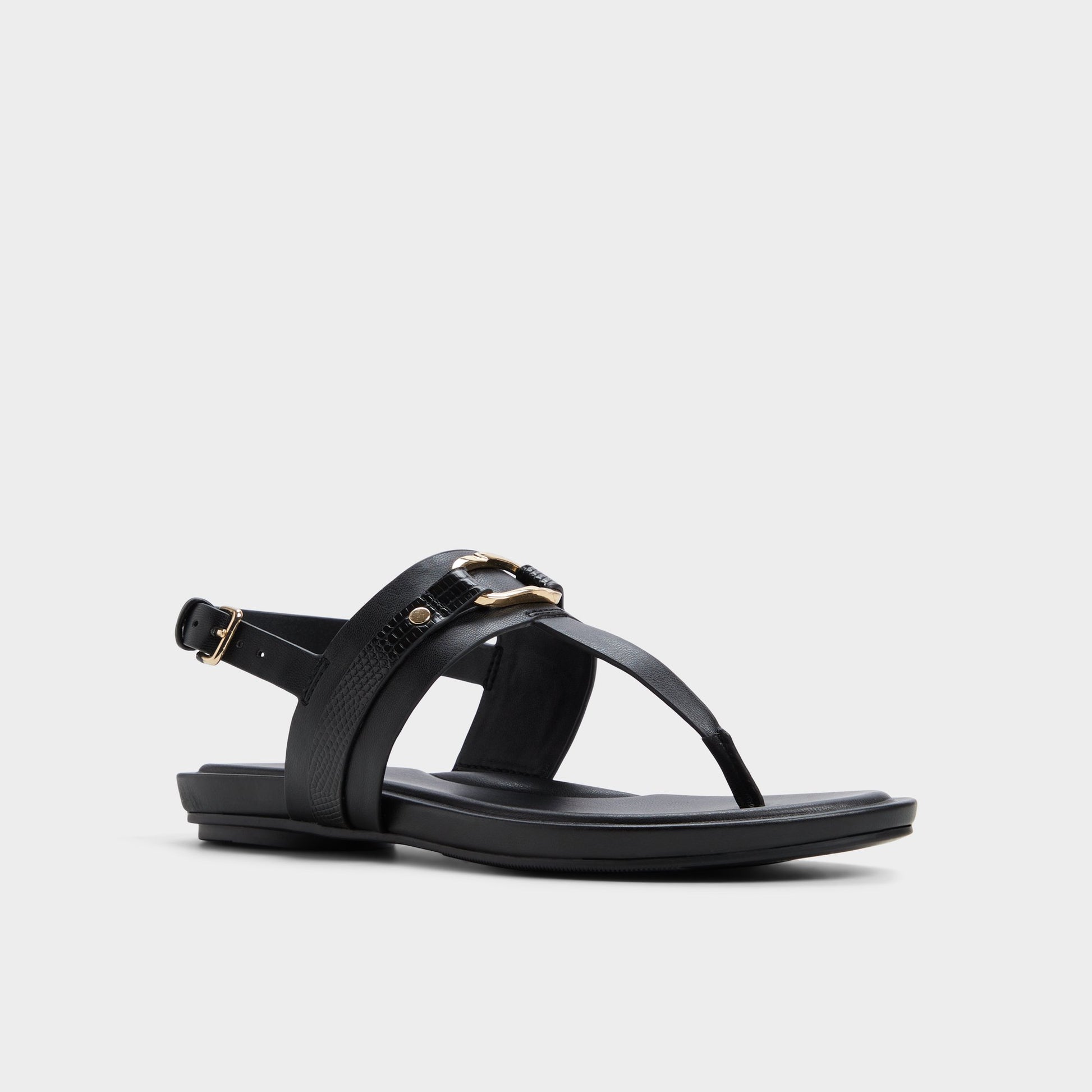 Three-quarter angle of Black Taylen T-strap sandal's front side