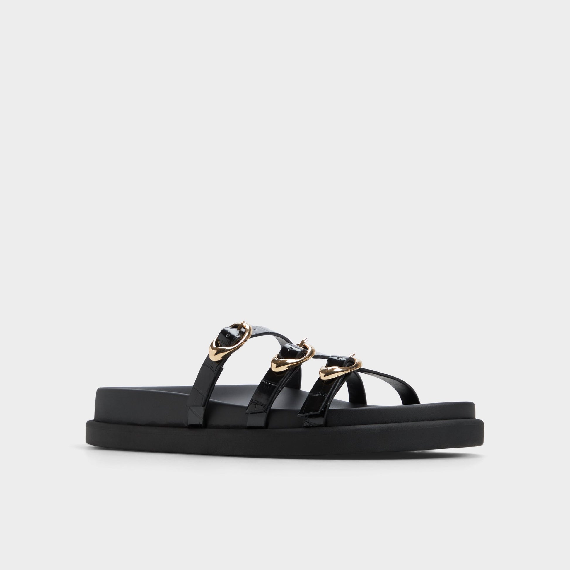 Three-quarter angle of Black Zephyra Footbed sandal's front side