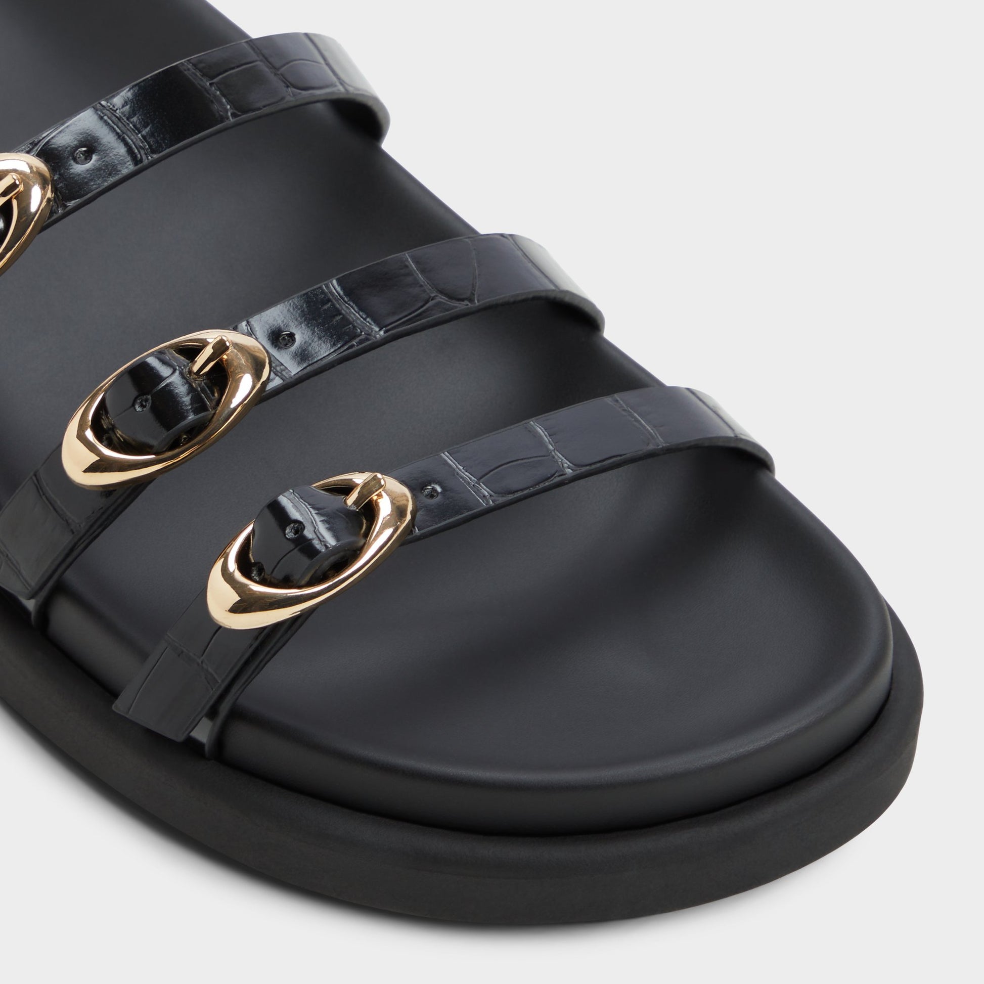 Close-up of the Black Zephyra Footbed sandal