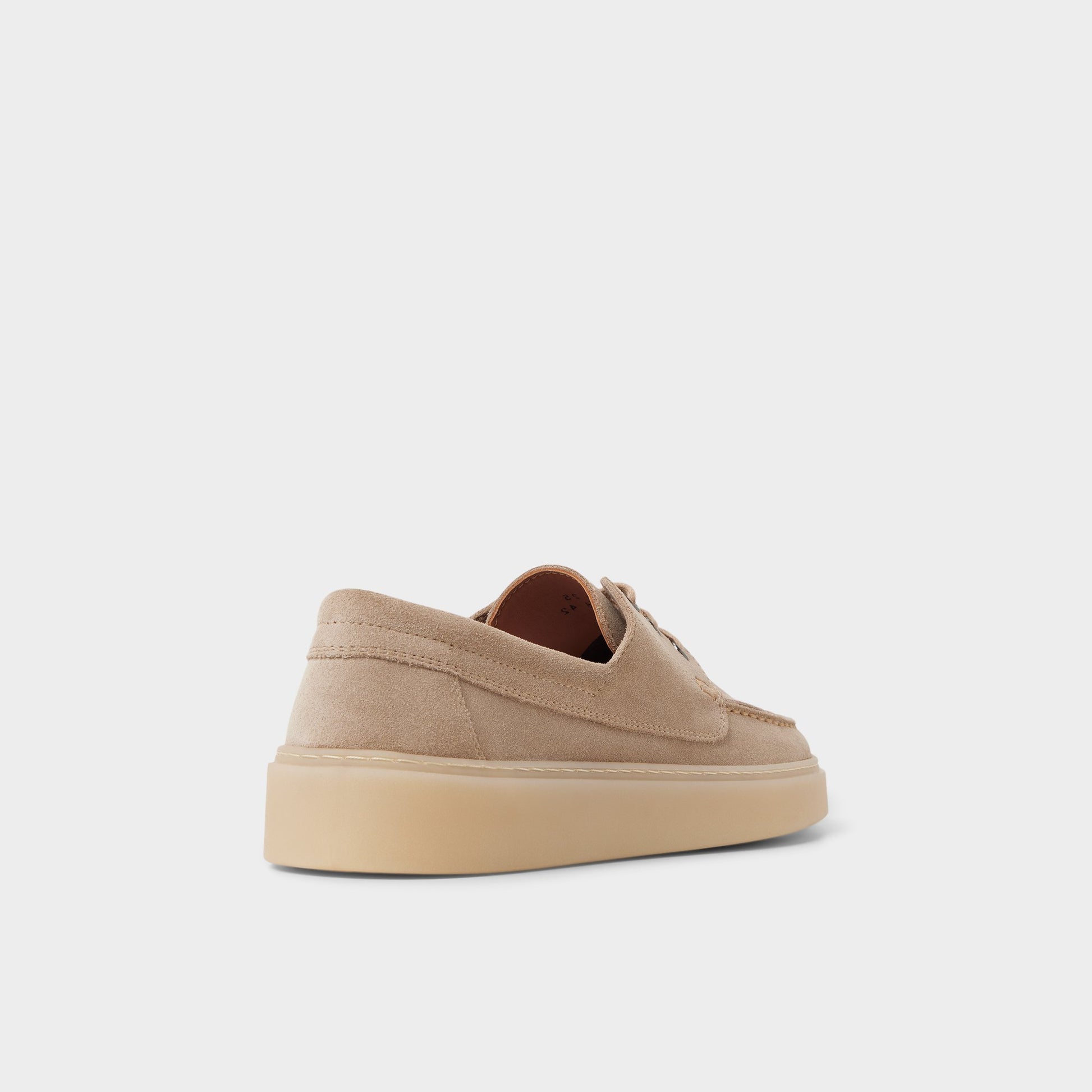 Three-quarter angle of Taupe Stazo Boat shoe's back side