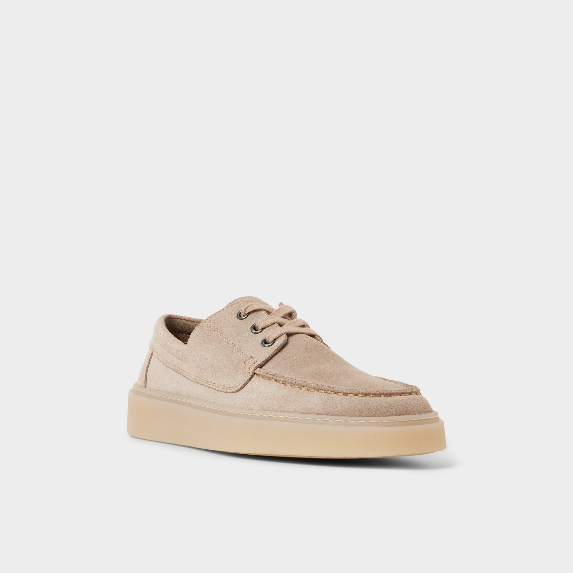 Three-quarter angle of Taupe Stazo Boat shoe's front side