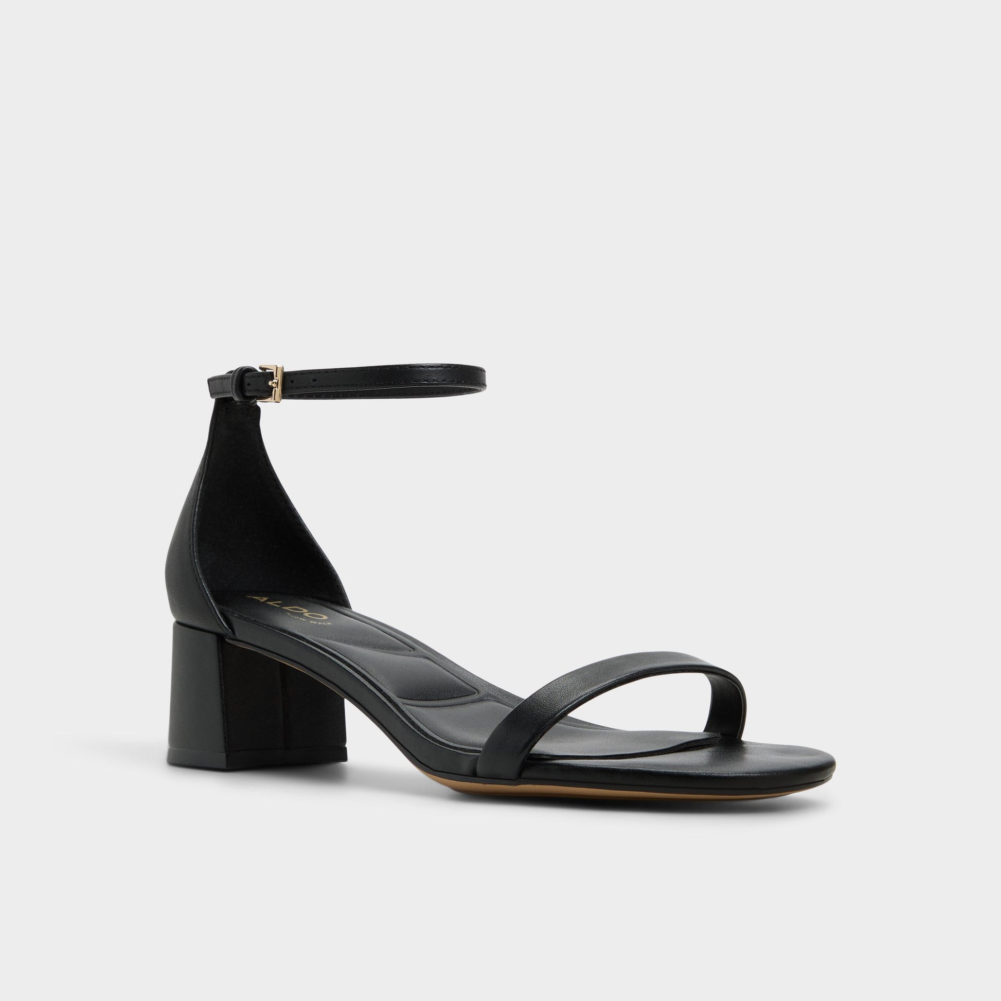 Three-quarter angle of Black Calliope Heeled sandal's front side