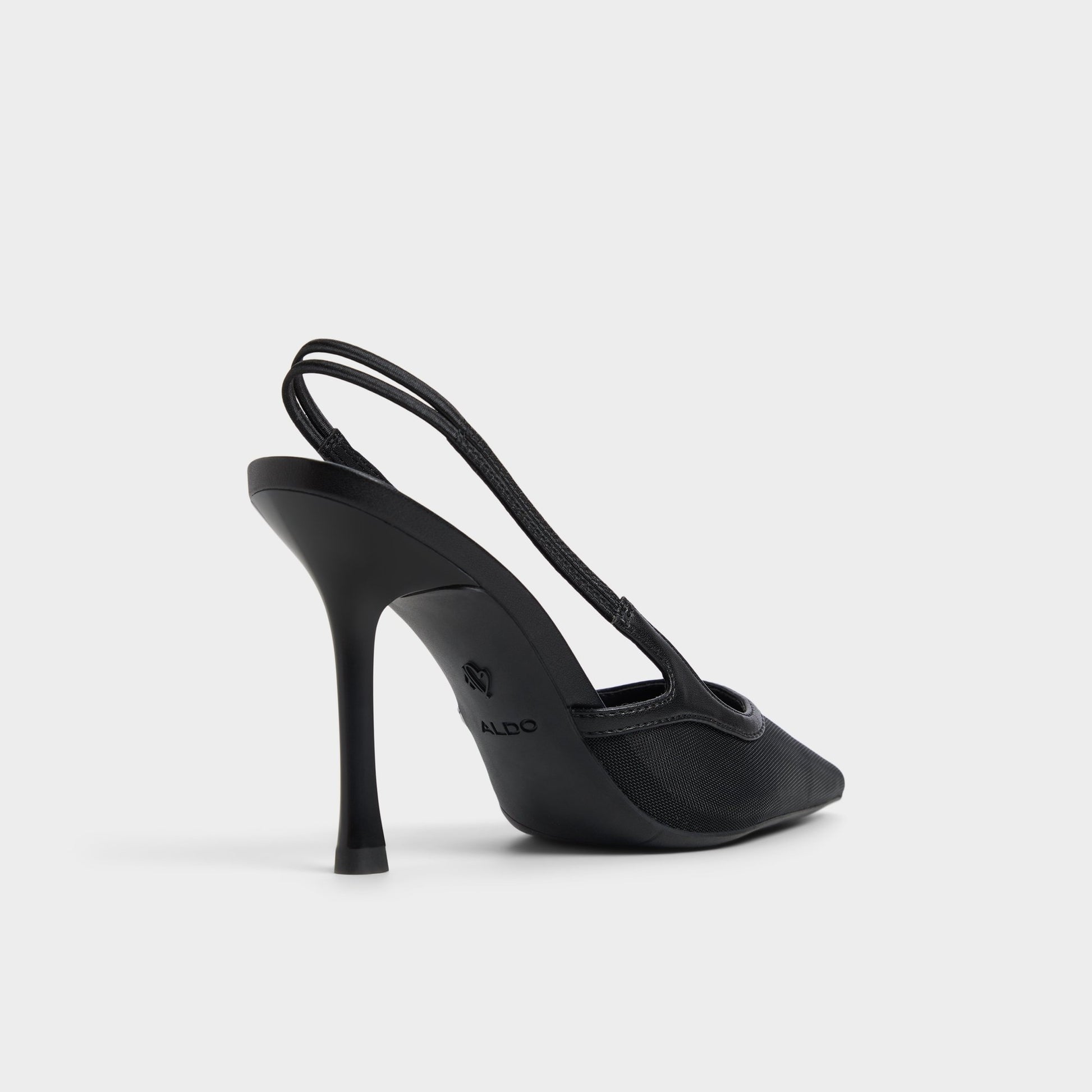 Three-quarter angle of Black Evania Slingback heel's back side