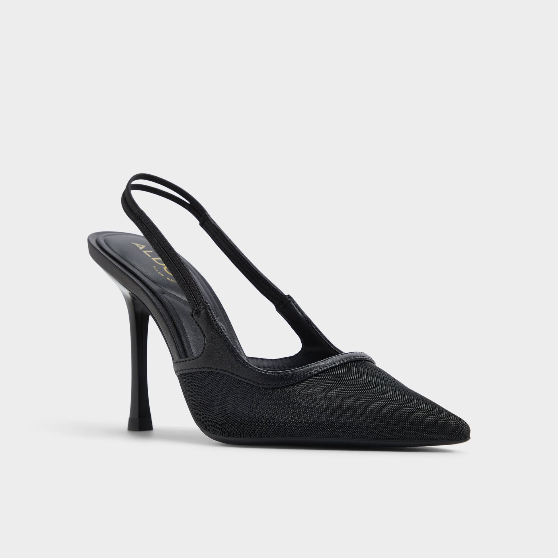 Three-quarter angle of Black Evania Slingback heel's front side