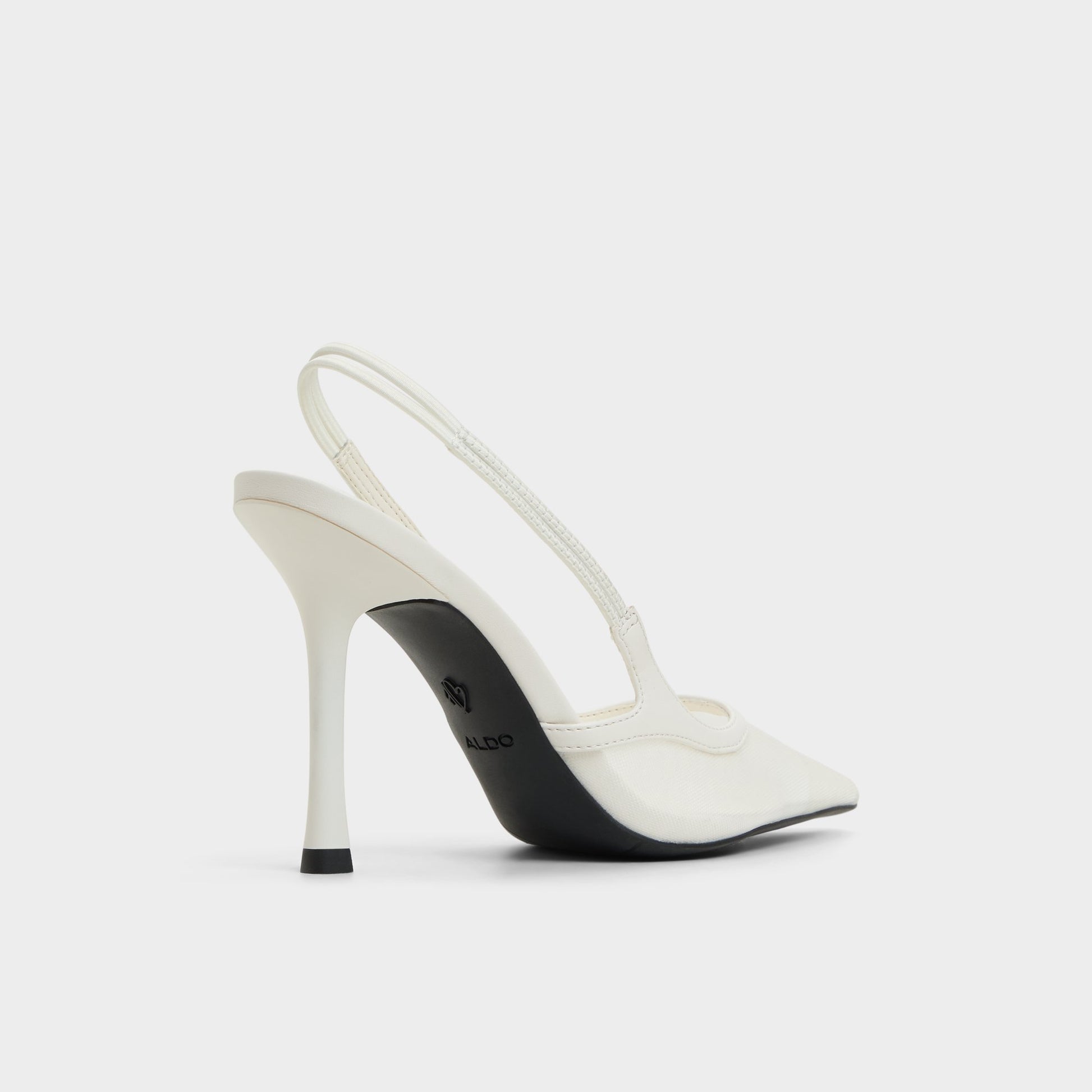Three-quarter angle of White Evania Slingback heel's back side