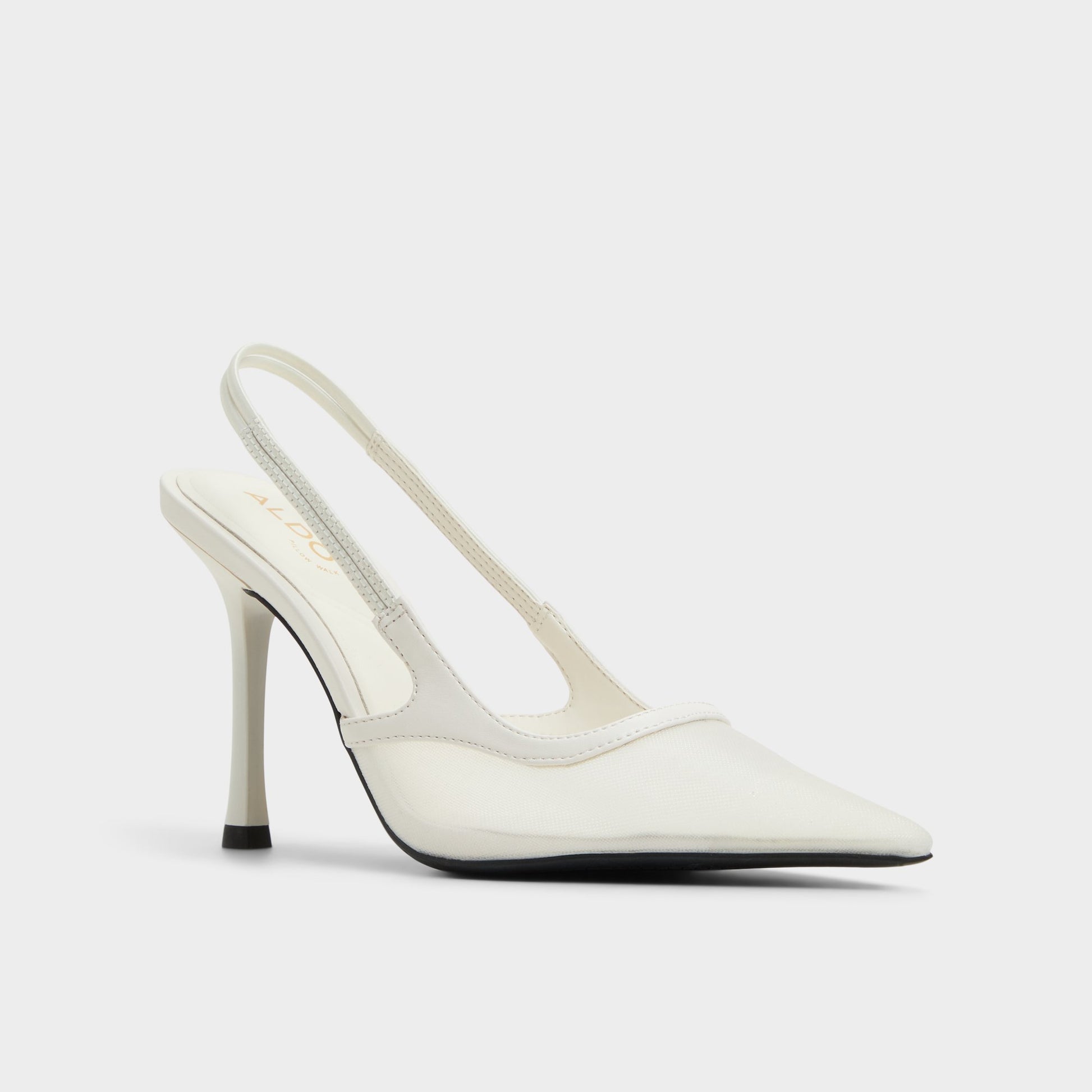 Three-quarter angle of White Evania Slingback heel's front side