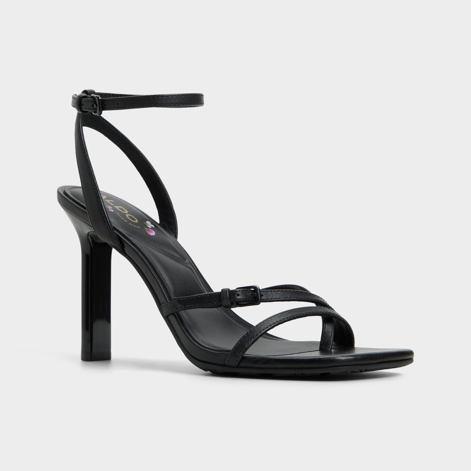 Three-quarter angle of Black Conney Strappy heeled sandal's front side
