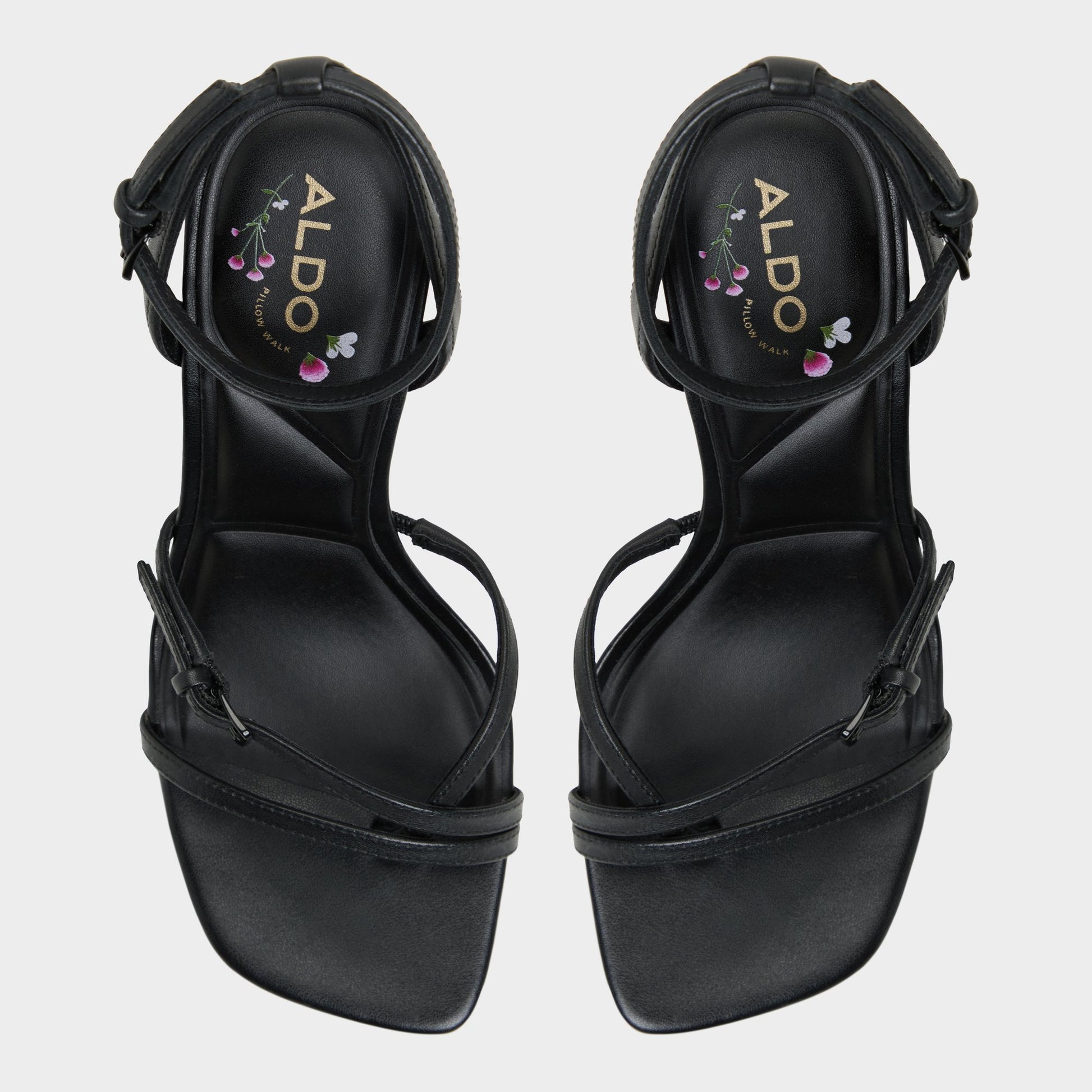 Top-down view of the Black Conney Strappy heeled sandal