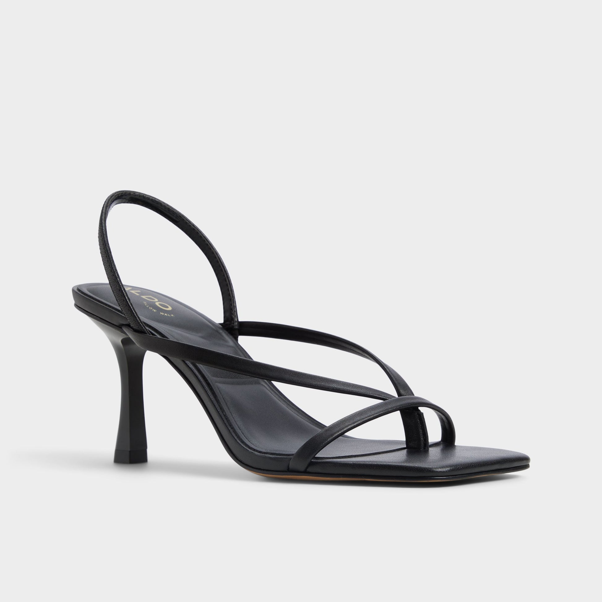 Three-quarter angle of Other Black Riva Sling back heeled sandal's front side