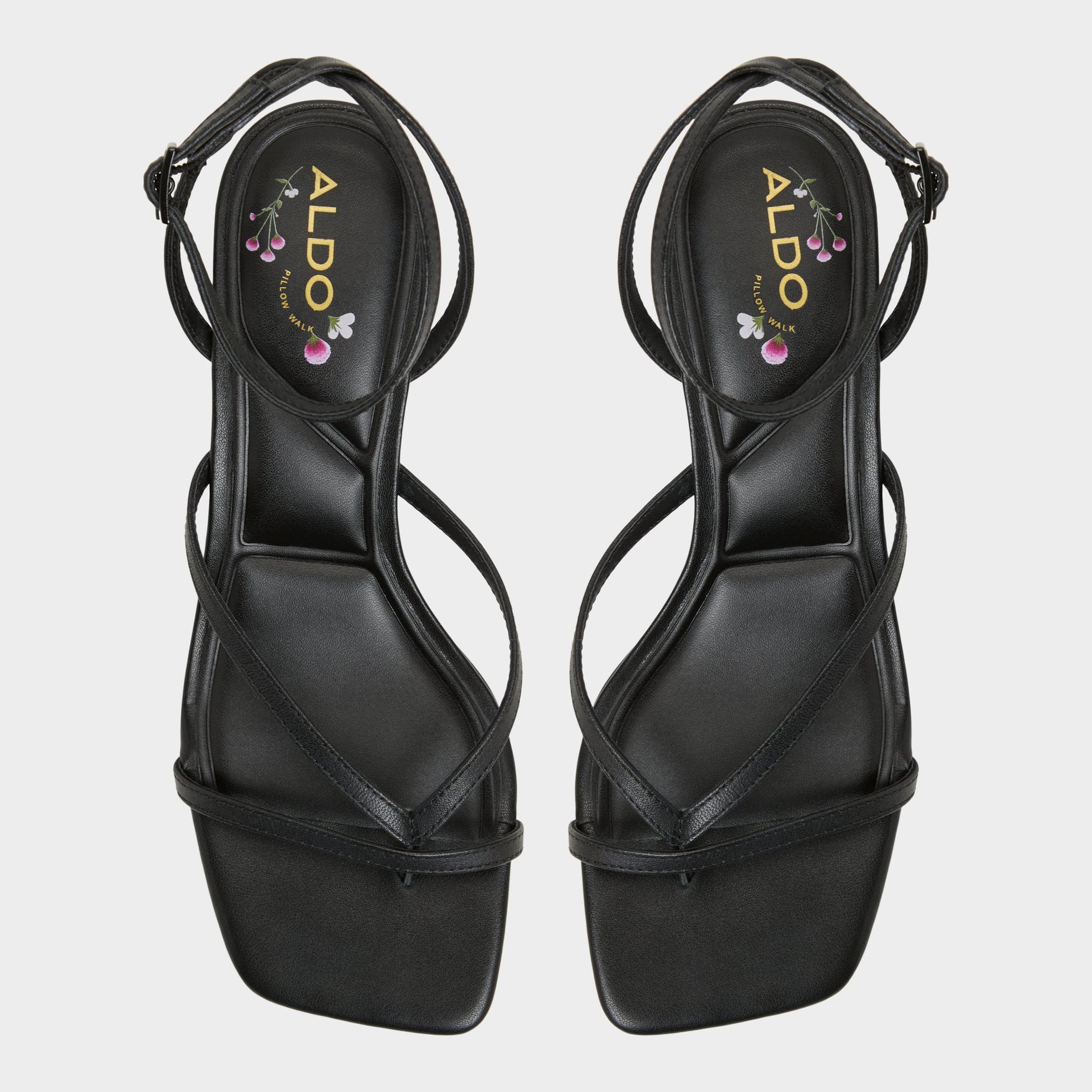 Top-down view of the Black Soffie Strappy heeled sandal