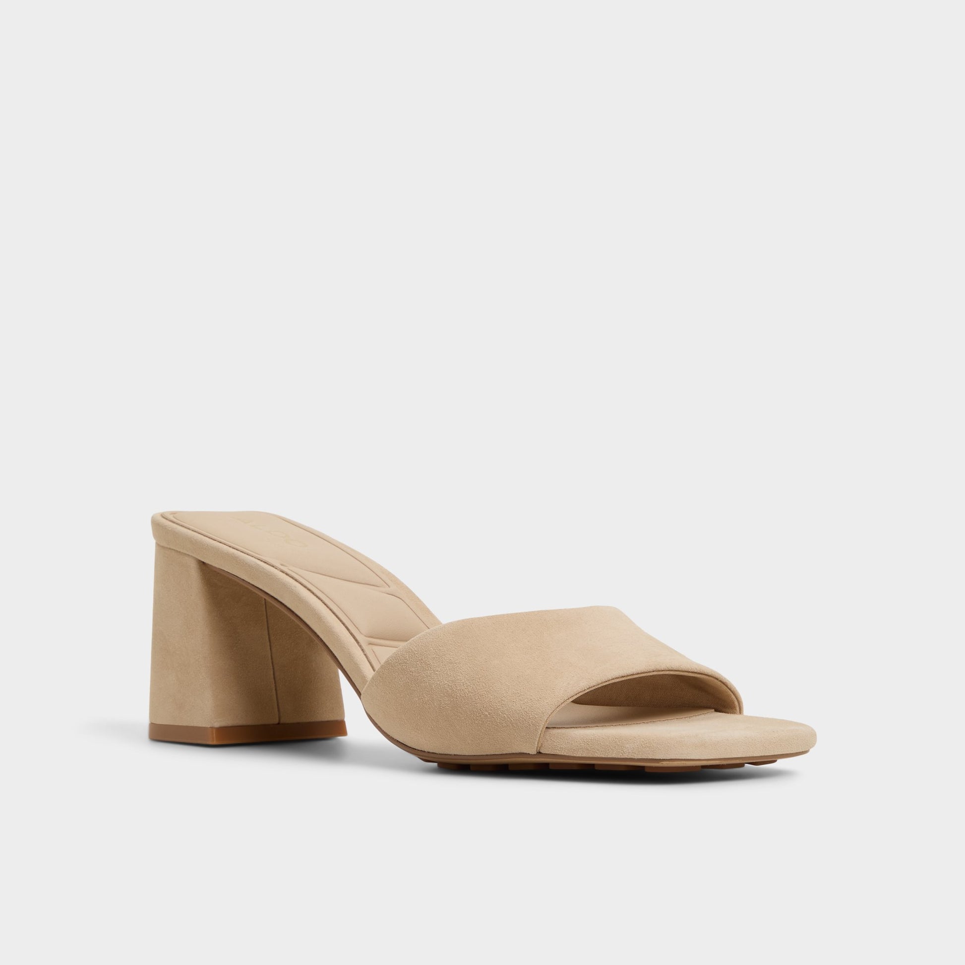 Three-quarter angle of Beige Tisha Heeled mule's front side