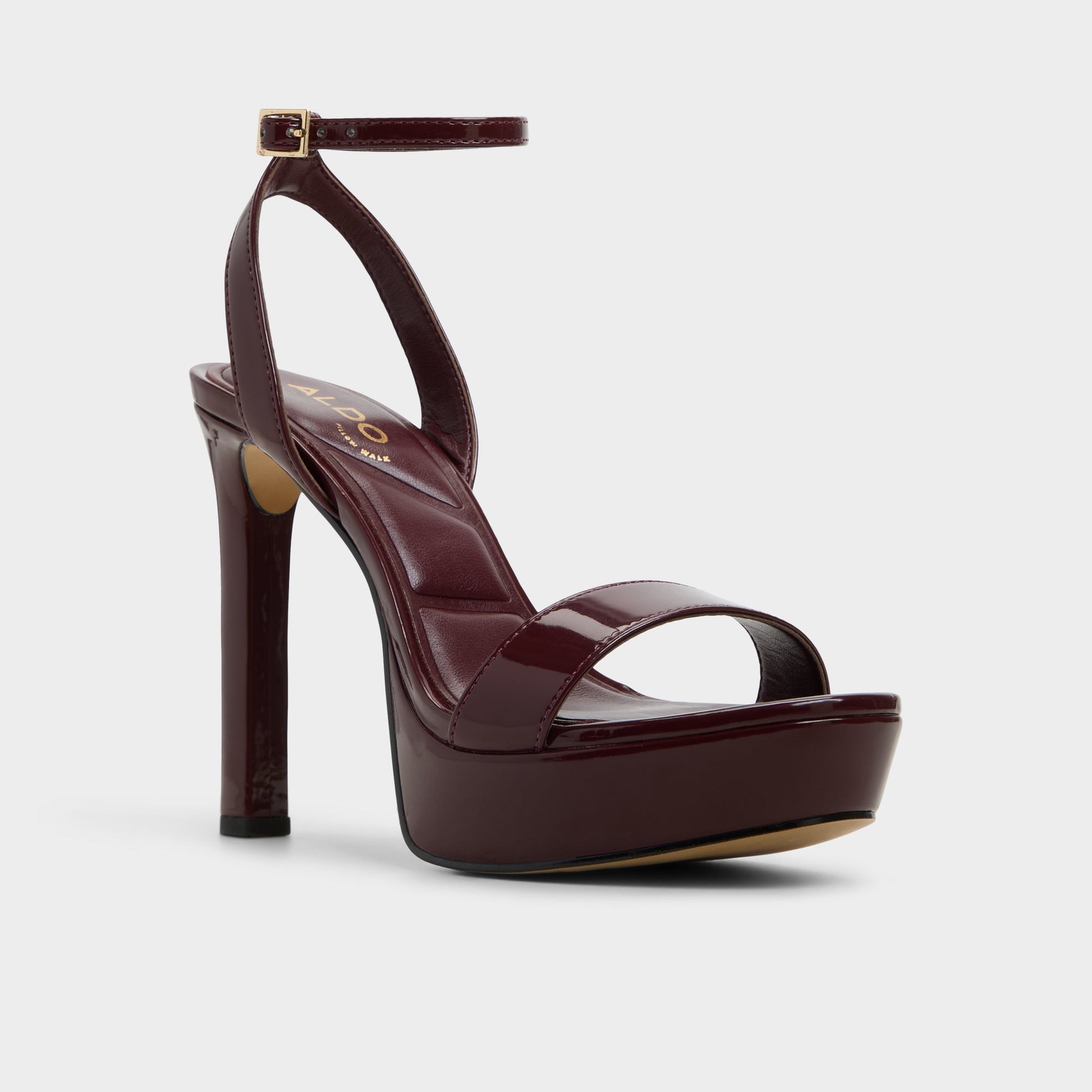 Three-quarter angle of Bordo Portside Strappy heeled sandal's front side