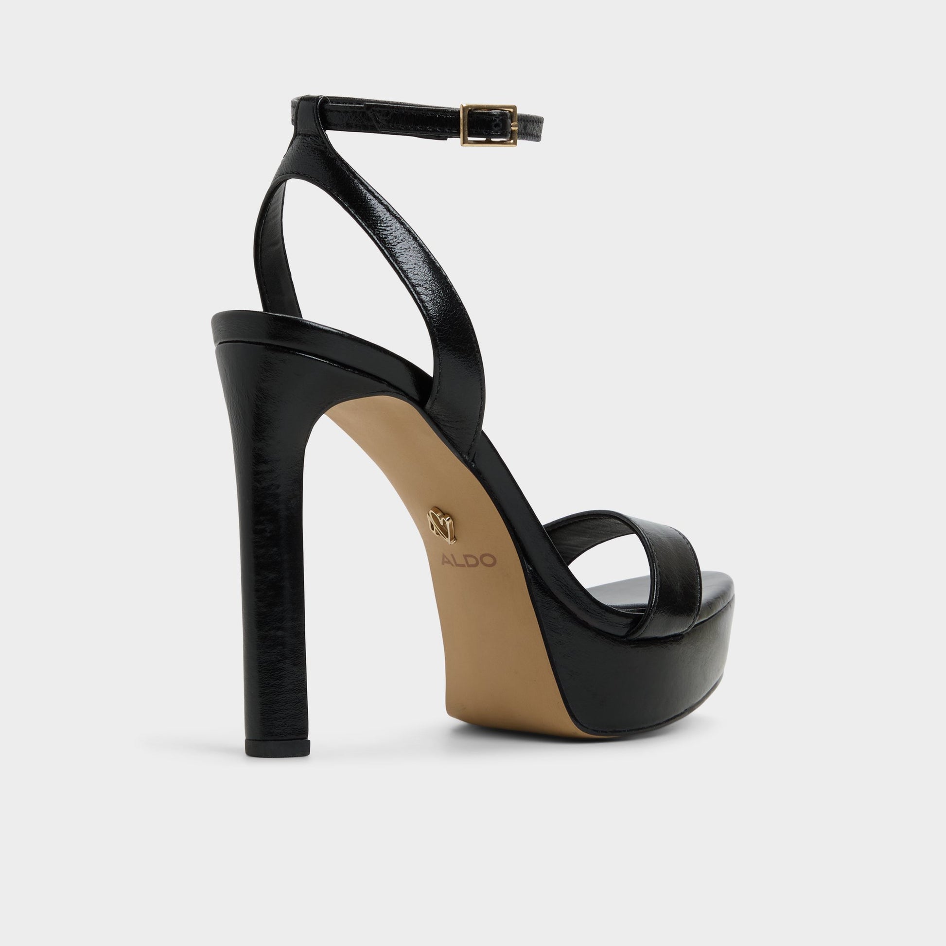 Three-quarter angle of Black Portside Strappy heeled sandal's back side