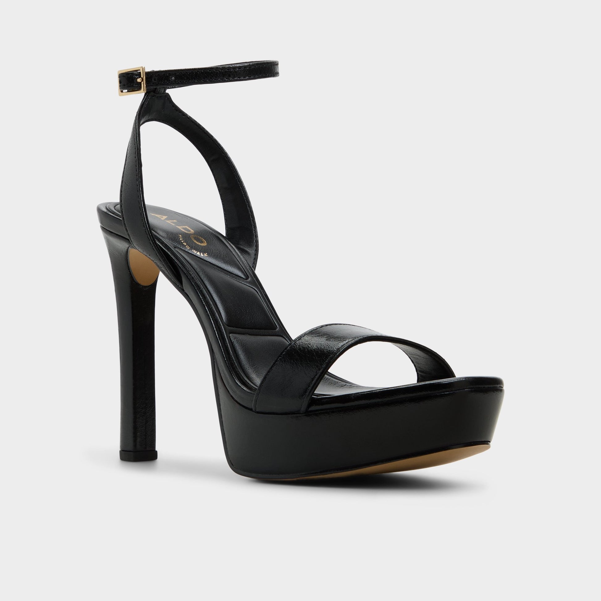 Three-quarter angle of Black Portside Strappy heeled sandal's front side