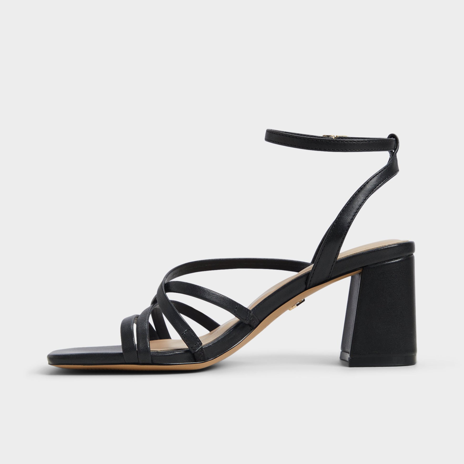 Side view of Black Esther Strappy heeled sandal