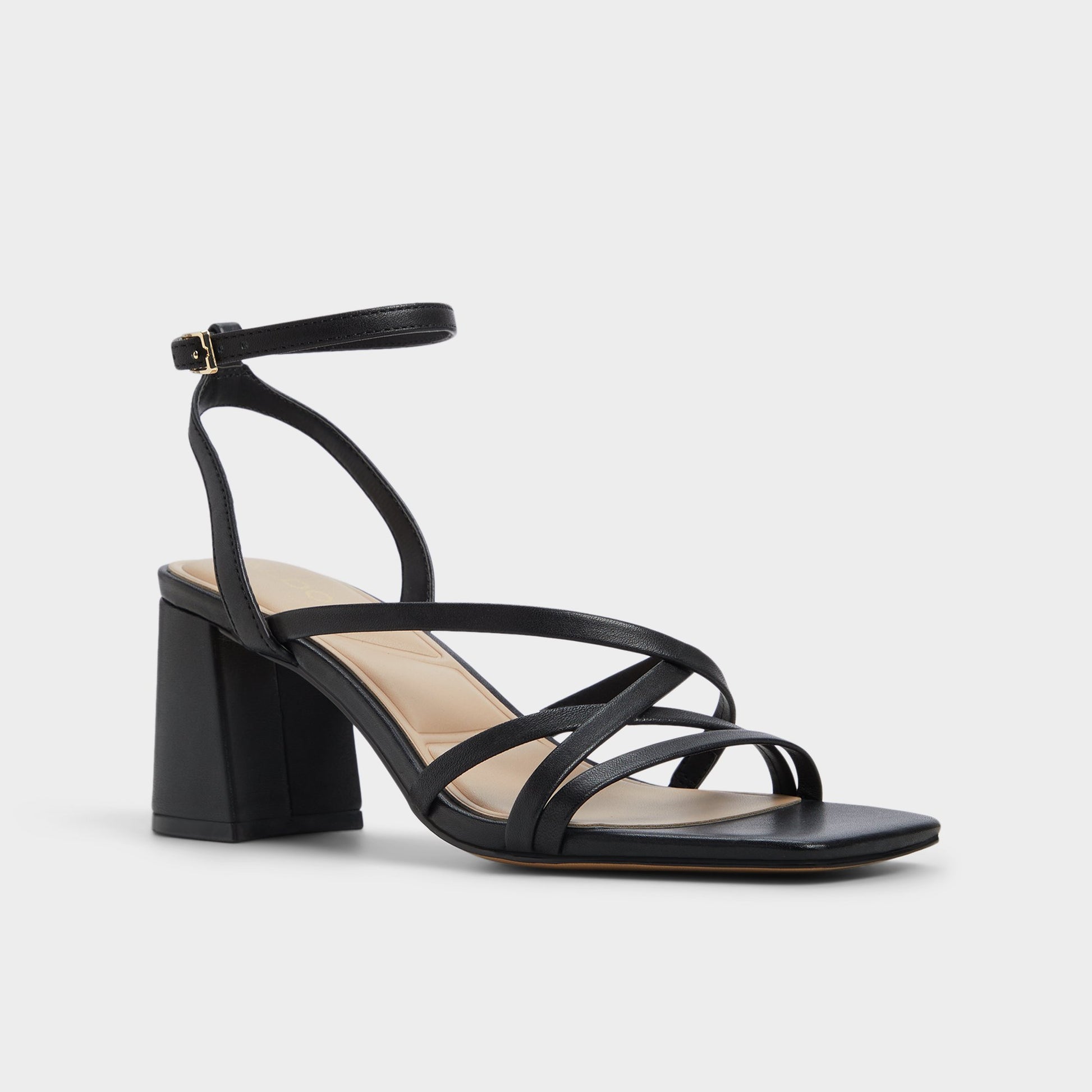 Three-quarter angle of Black Esther Strappy heeled sandal's front side