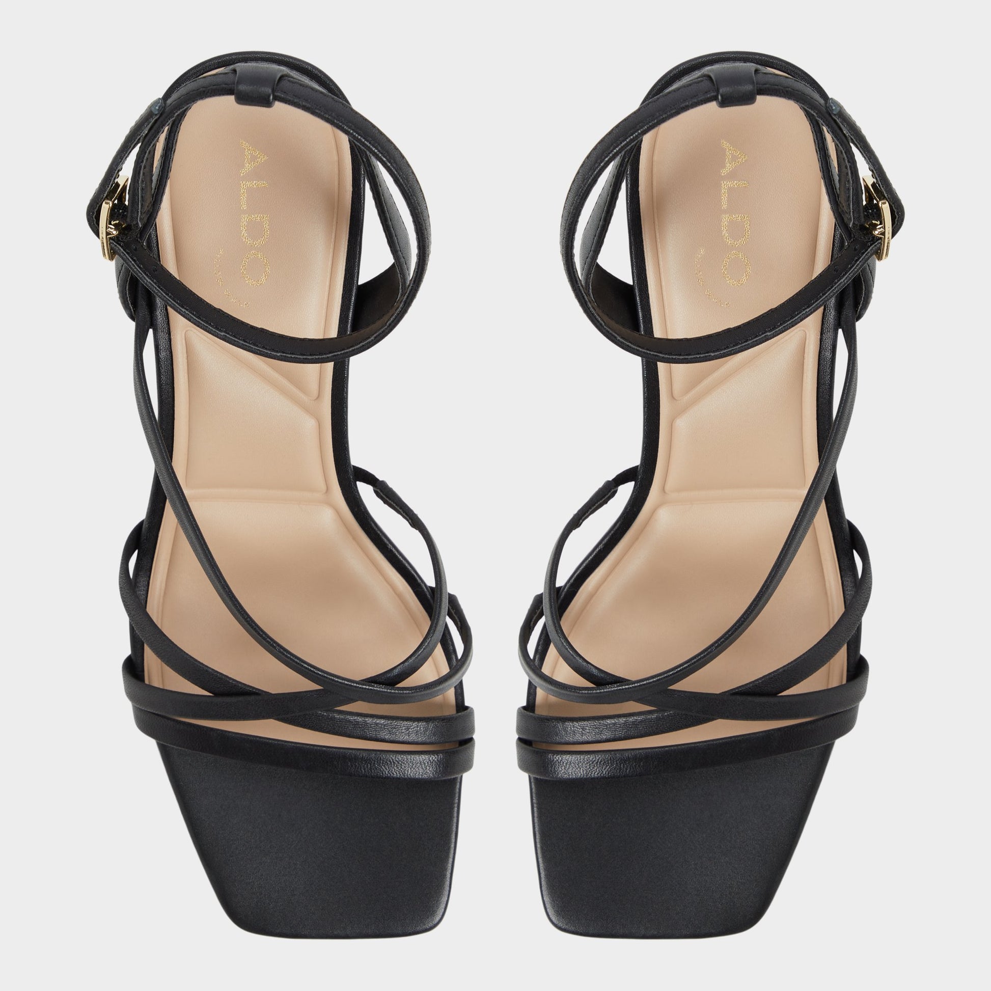 Top-down view of the Black Esther Strappy heeled sandal