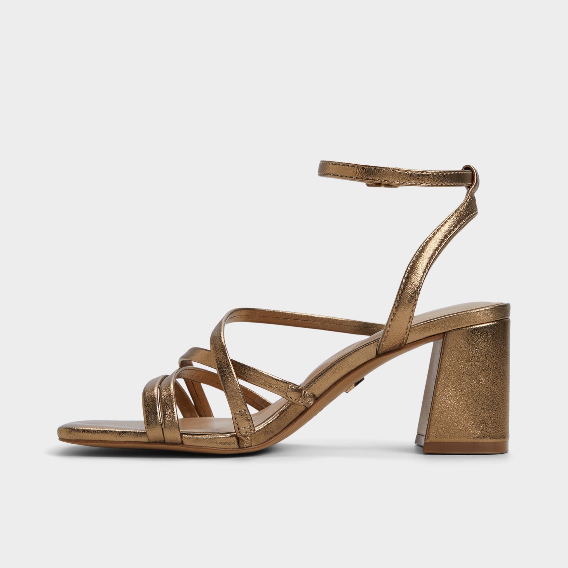 Side view of Gold Esther Strappy heeled sandal