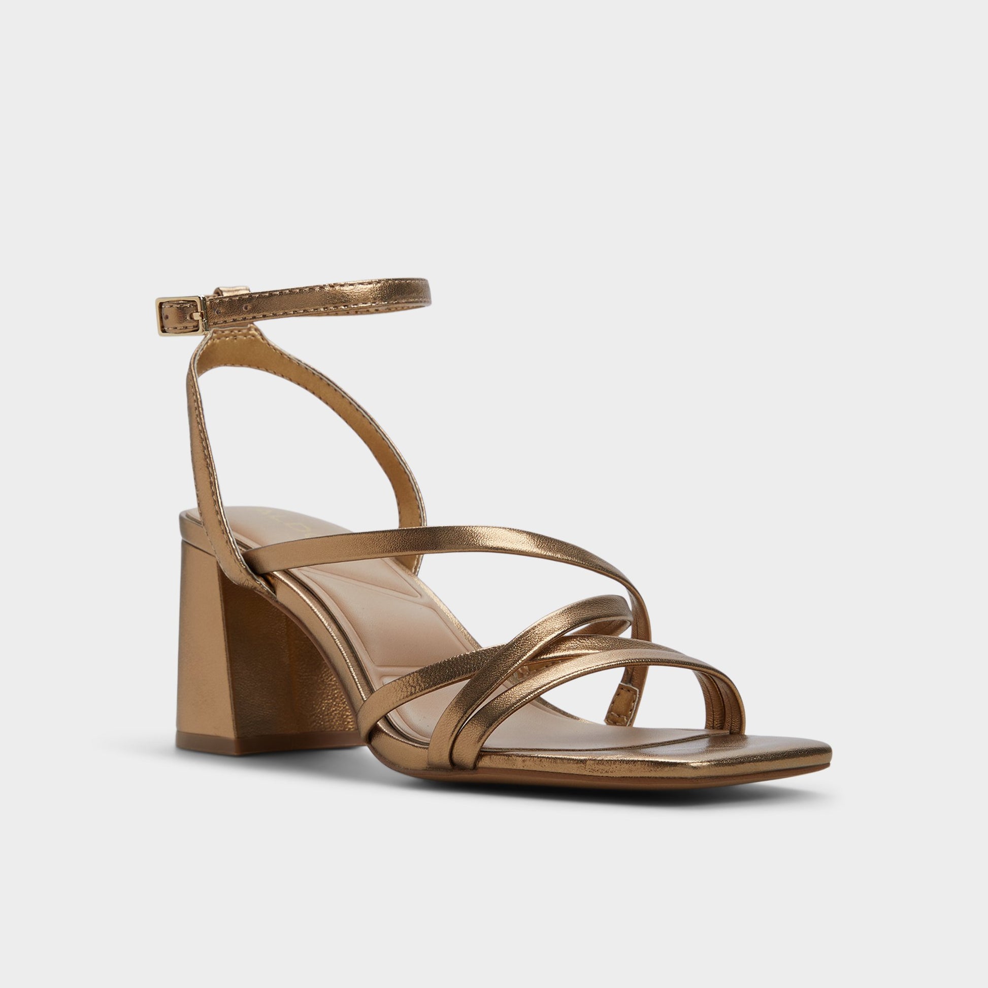 Three-quarter angle of Gold Esther Strappy heeled sandal's front side