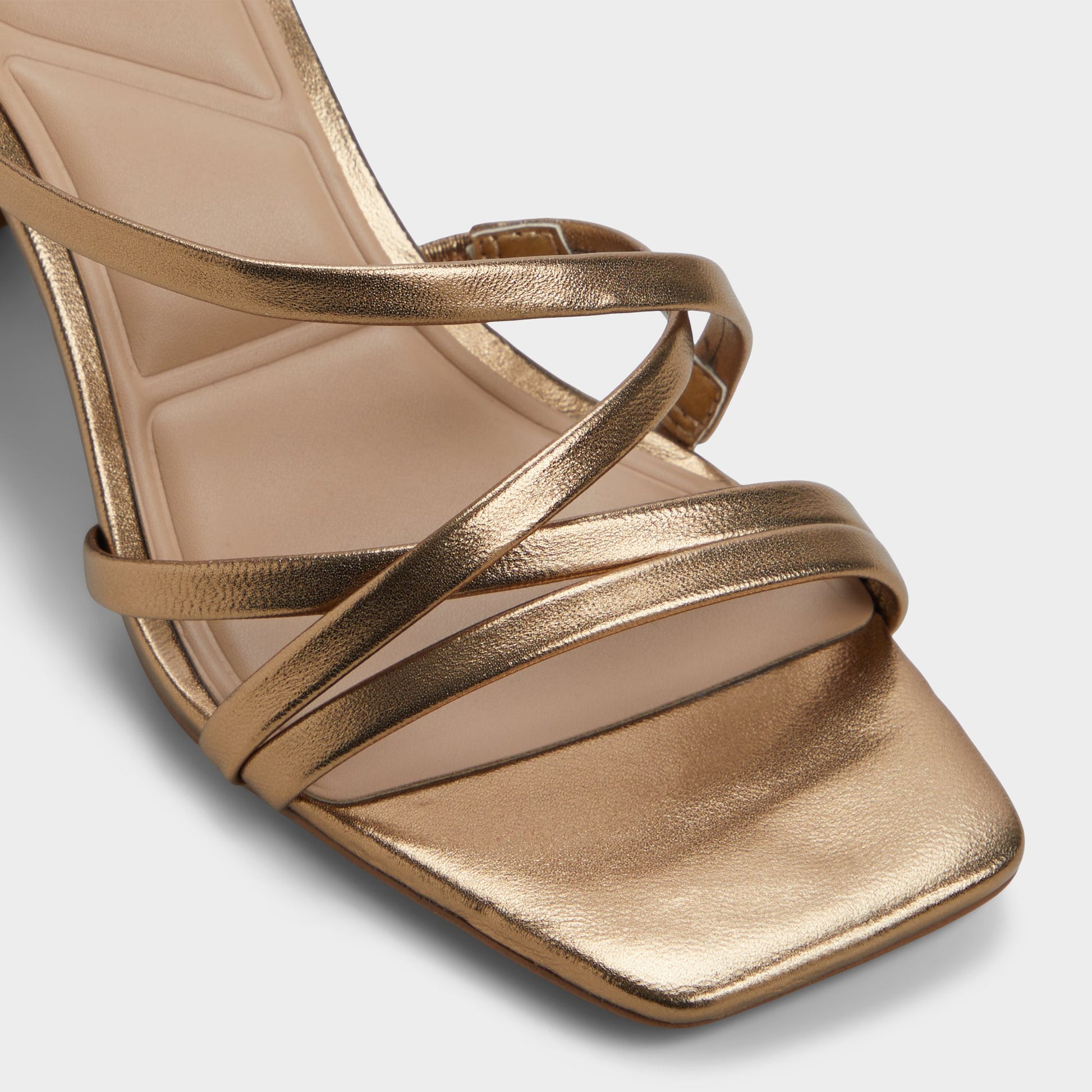 Close-up of the Gold Esther Strappy heeled sandal