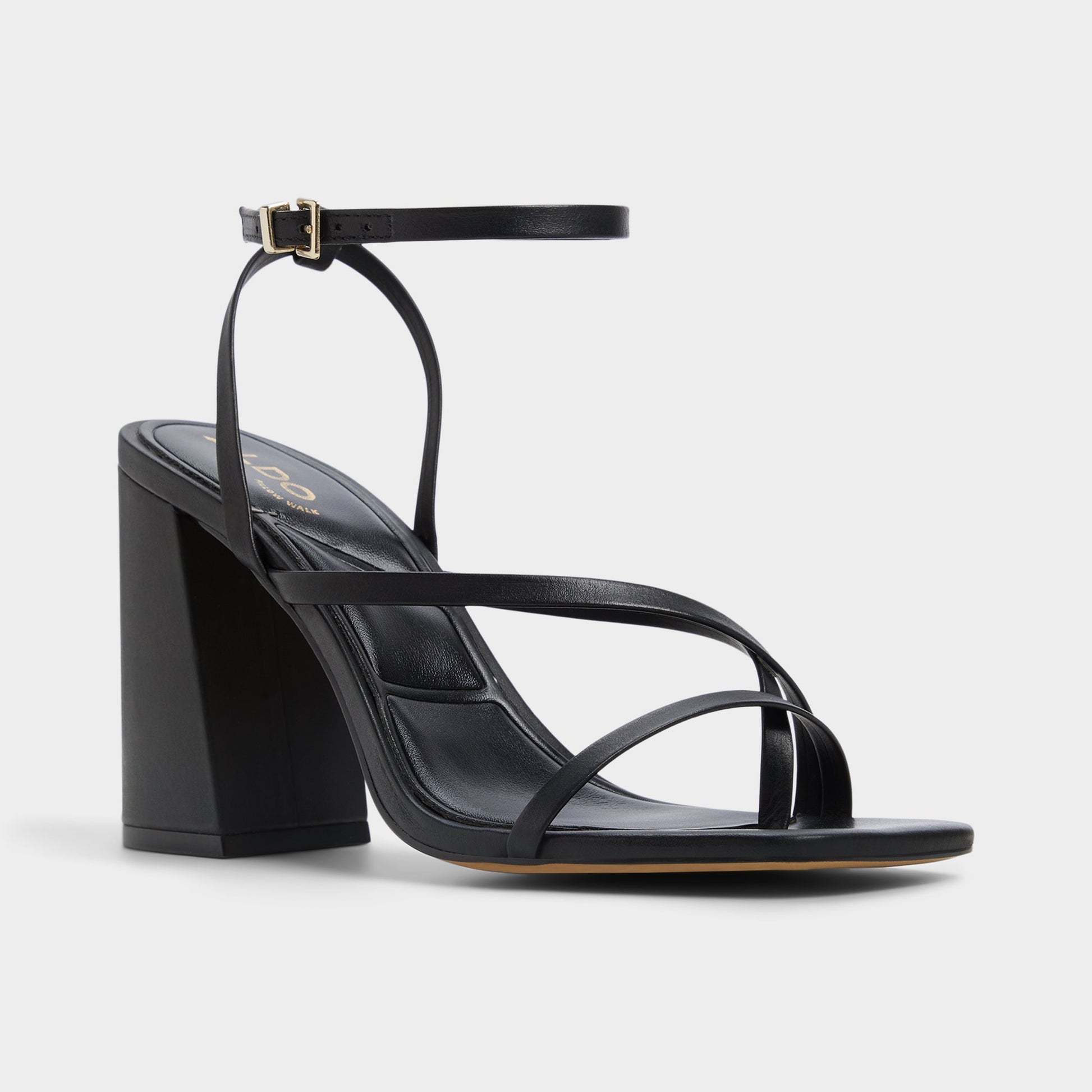 Three-quarter angle of Other Black Laurader Strappy heeled sandal's front side
