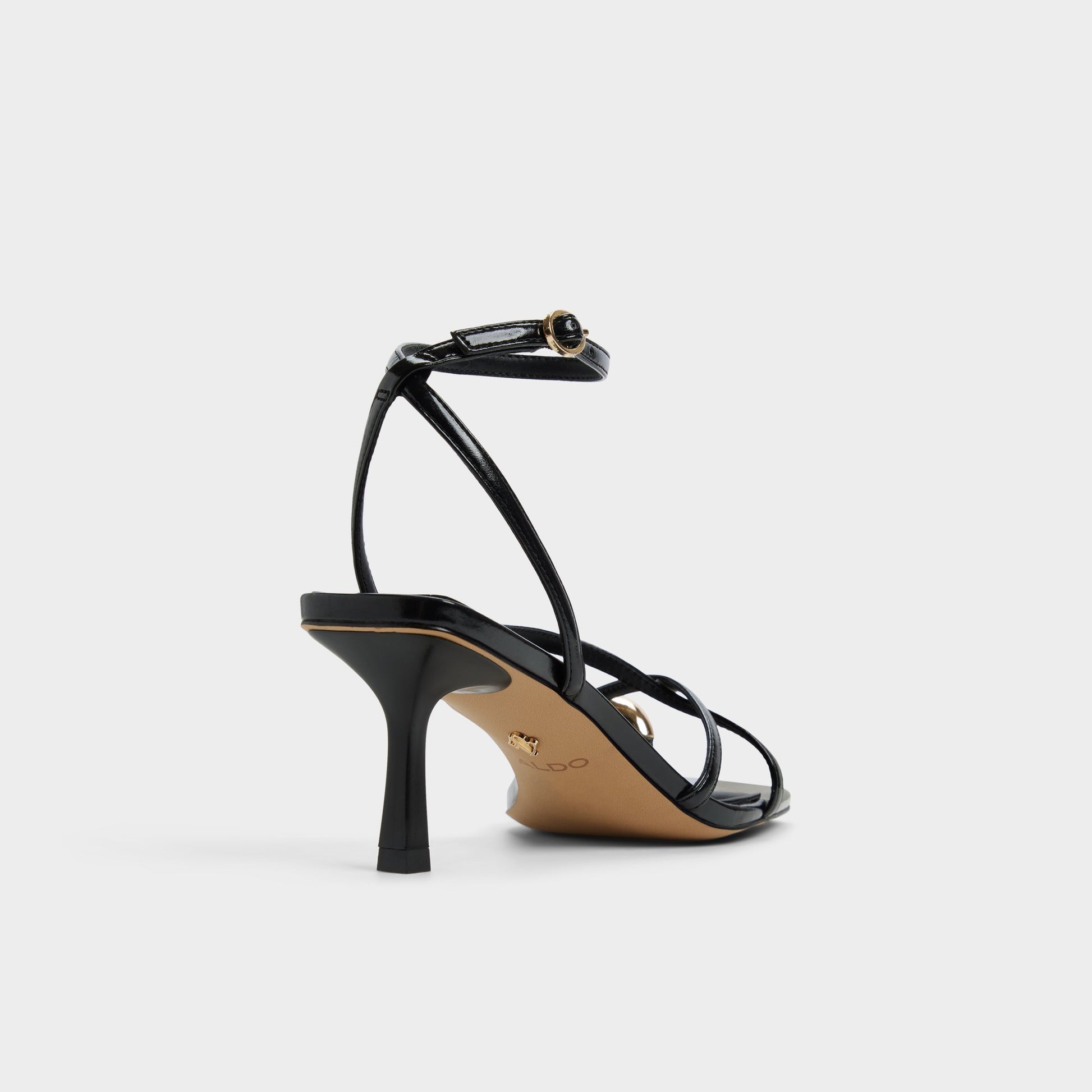 Three-quarter angle of Black Elodiah Strappy heeled sandal's back side