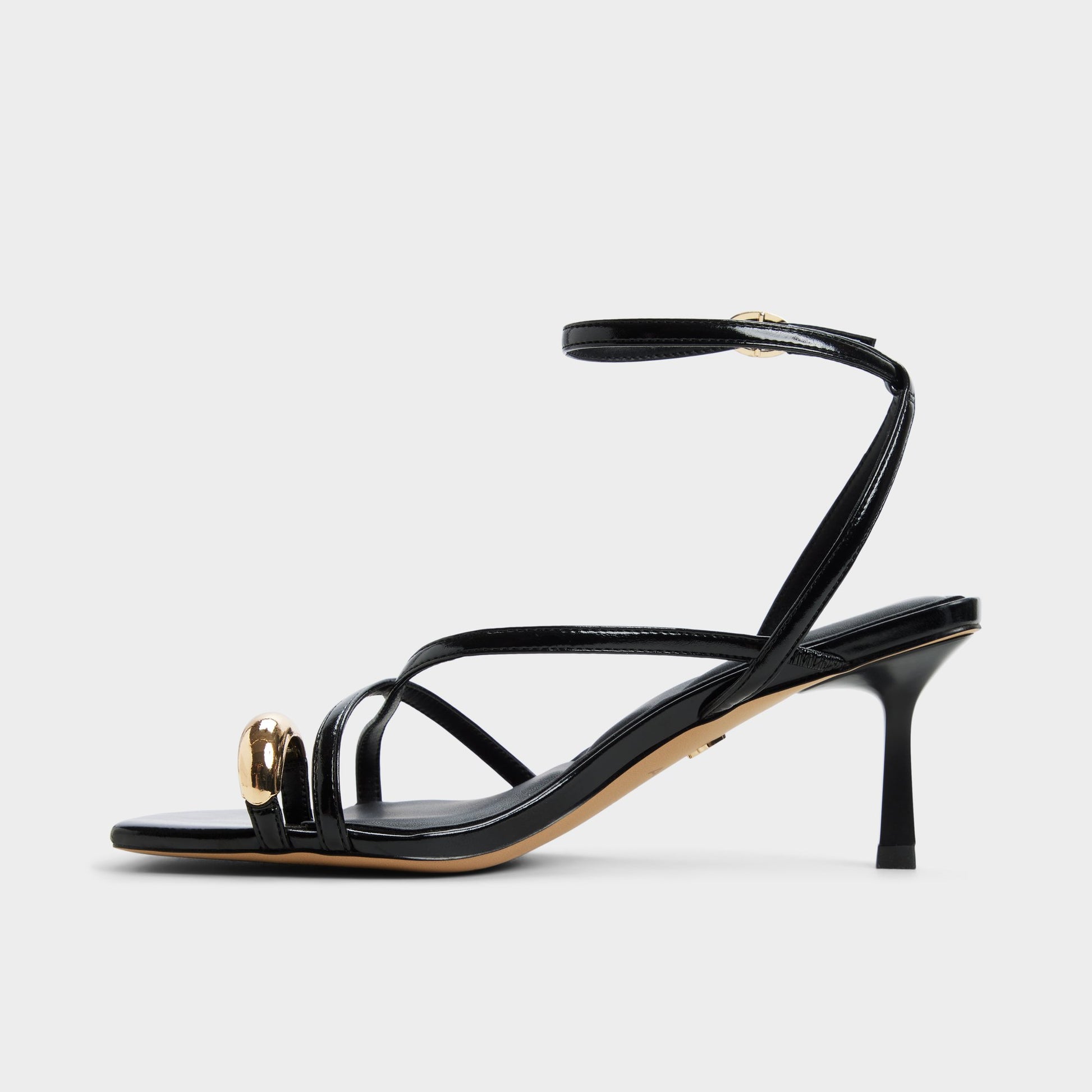 Side view of Black Elodiah Strappy heeled sandal