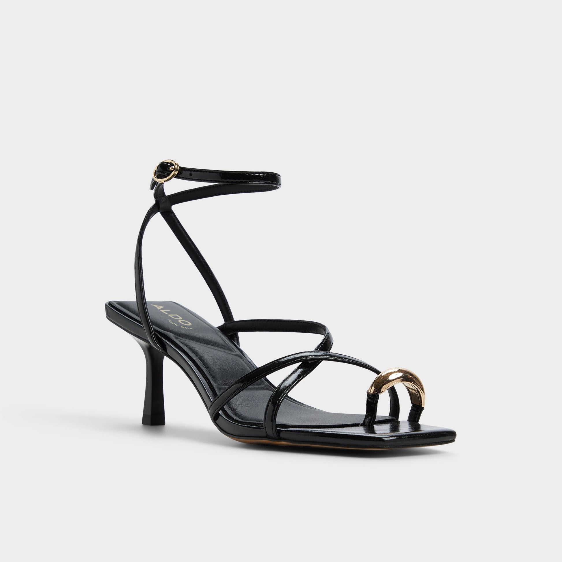 Three-quarter angle of Black Elodiah Strappy heeled sandal's front side