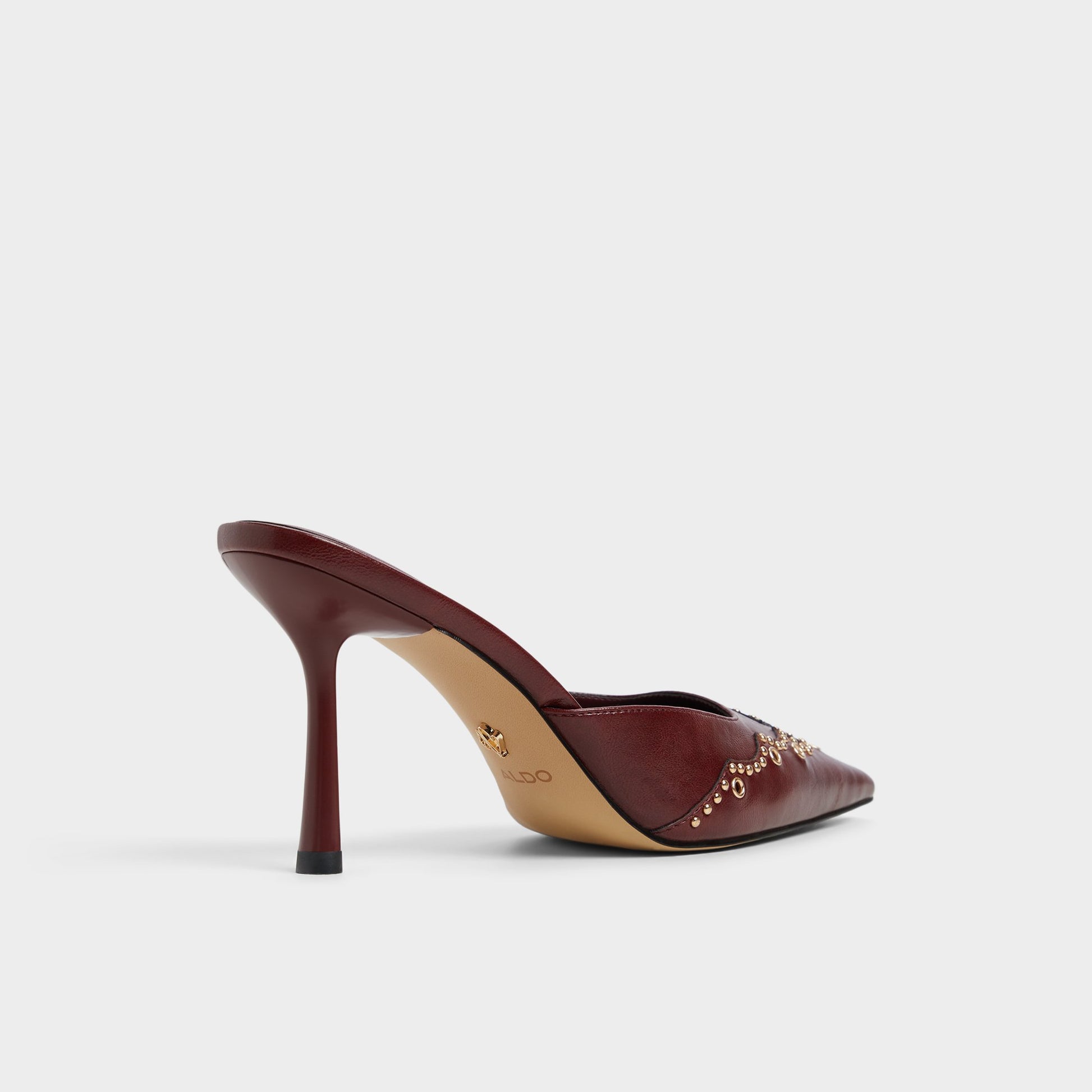 Three-quarter angle of Dark Red Amarilla Heeled mule's back side