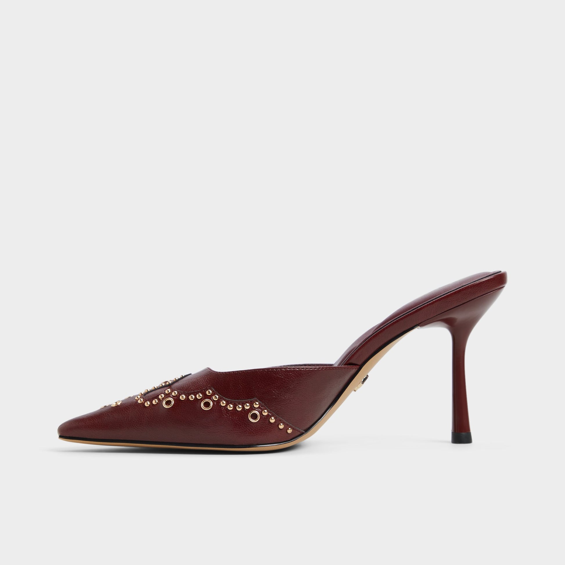 Side view of Dark Red Amarilla Heeled mule