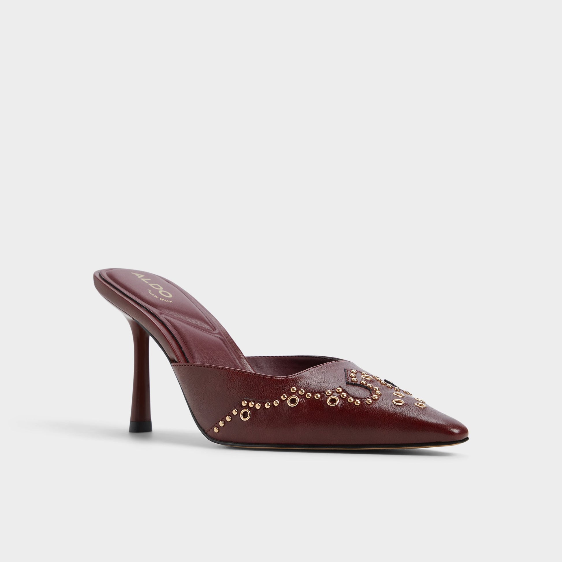 Three-quarter angle of Dark Red Amarilla Heeled mule's front side