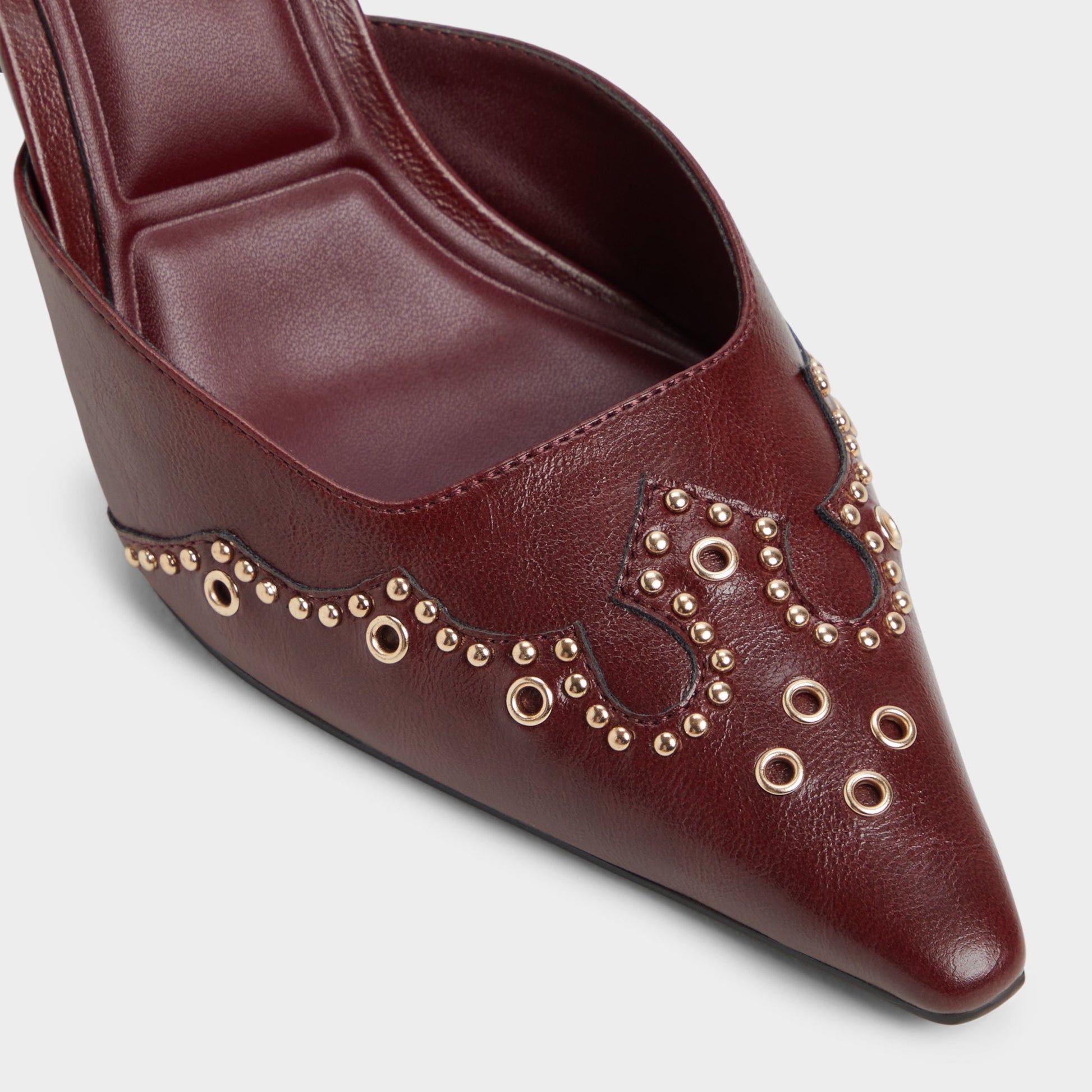 Close-up of the Dark Red Amarilla Heeled mule