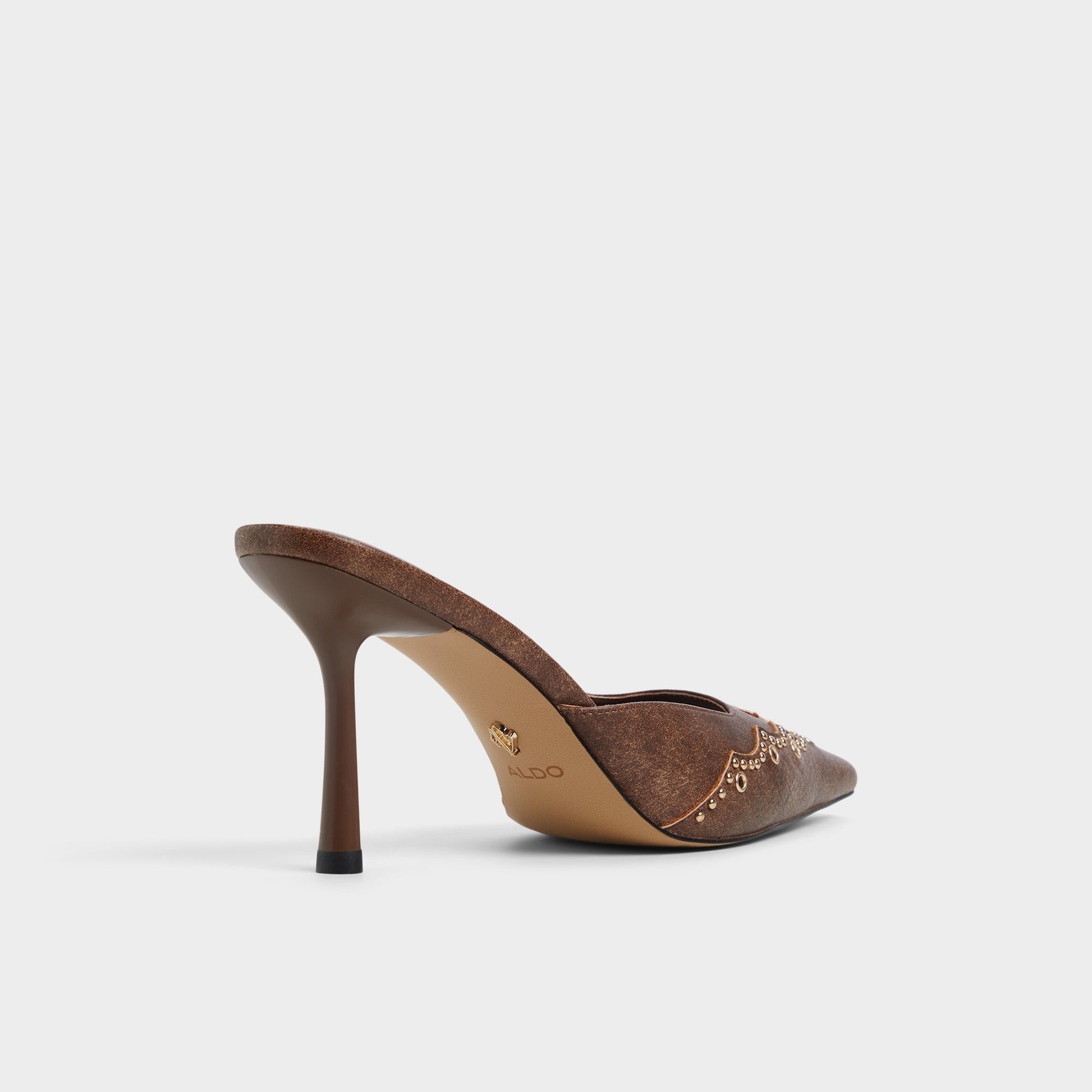 Three-quarter angle of Medium Brown Amarilla Heeled mule's back side