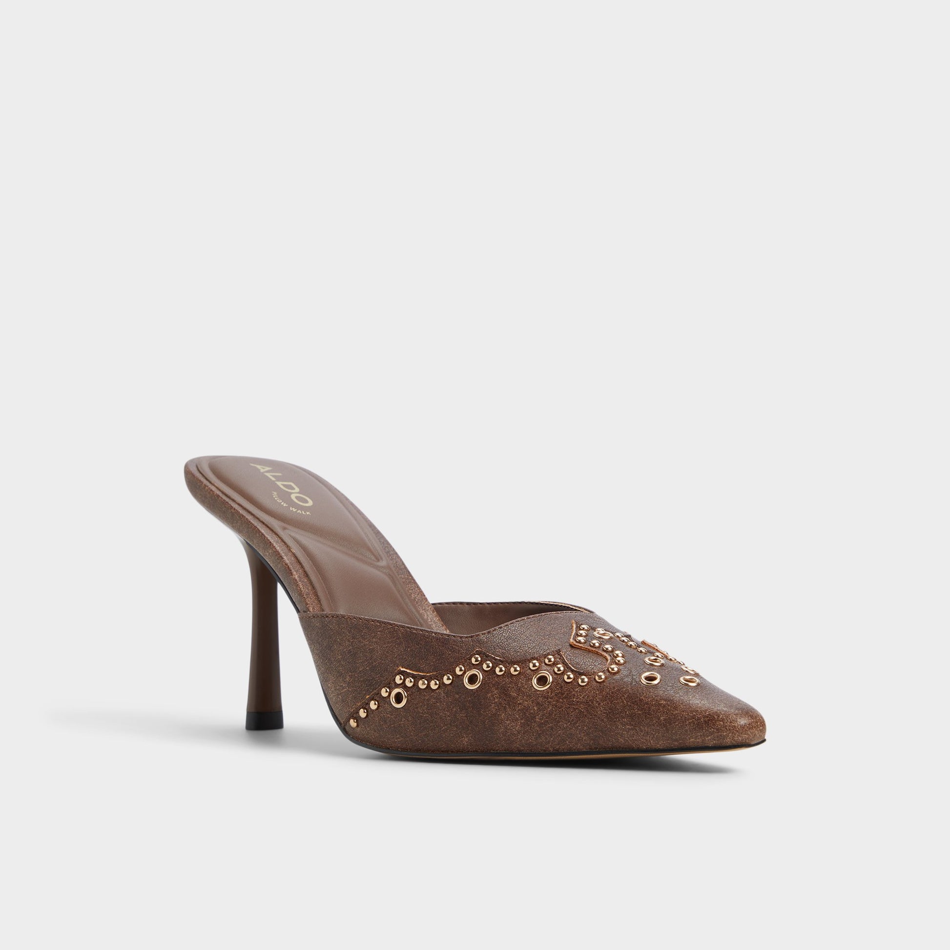 Three-quarter angle of Medium Brown Amarilla Heeled mule's front side