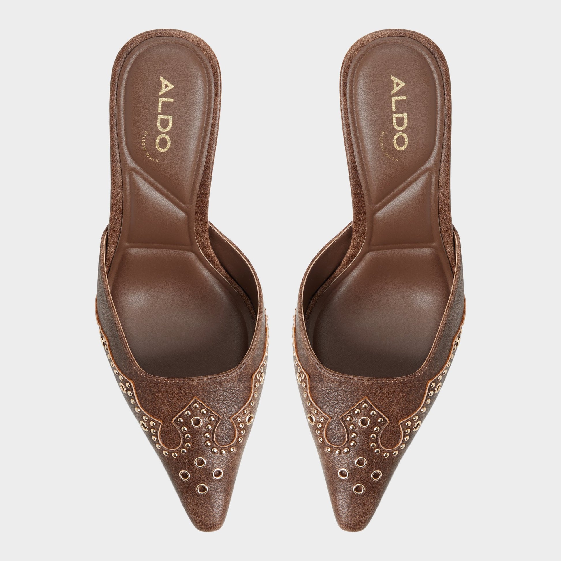 Top-down view of the Medium Brown Amarilla Heeled mule