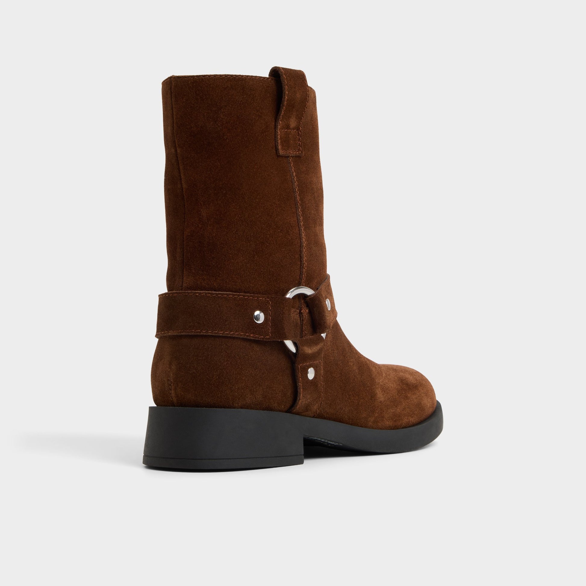 Three-quarter angle of Brown Notorious Motorcycle ankle boot's back side