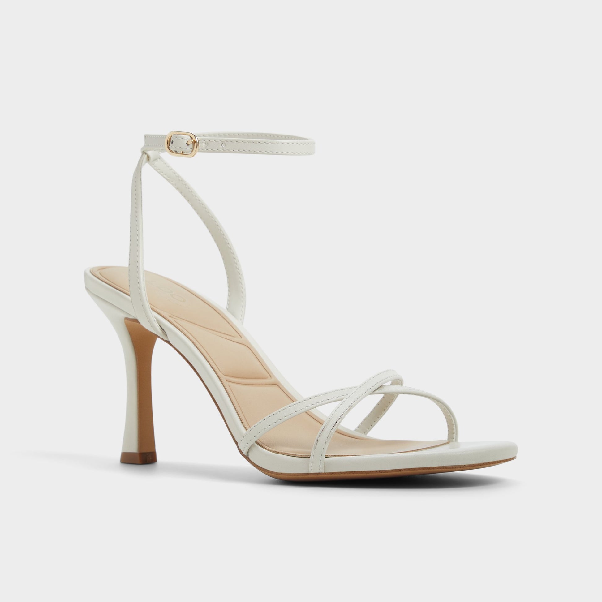 Three-quarter angle of White/Bone Marbela Strappy heeled sandal's front side
