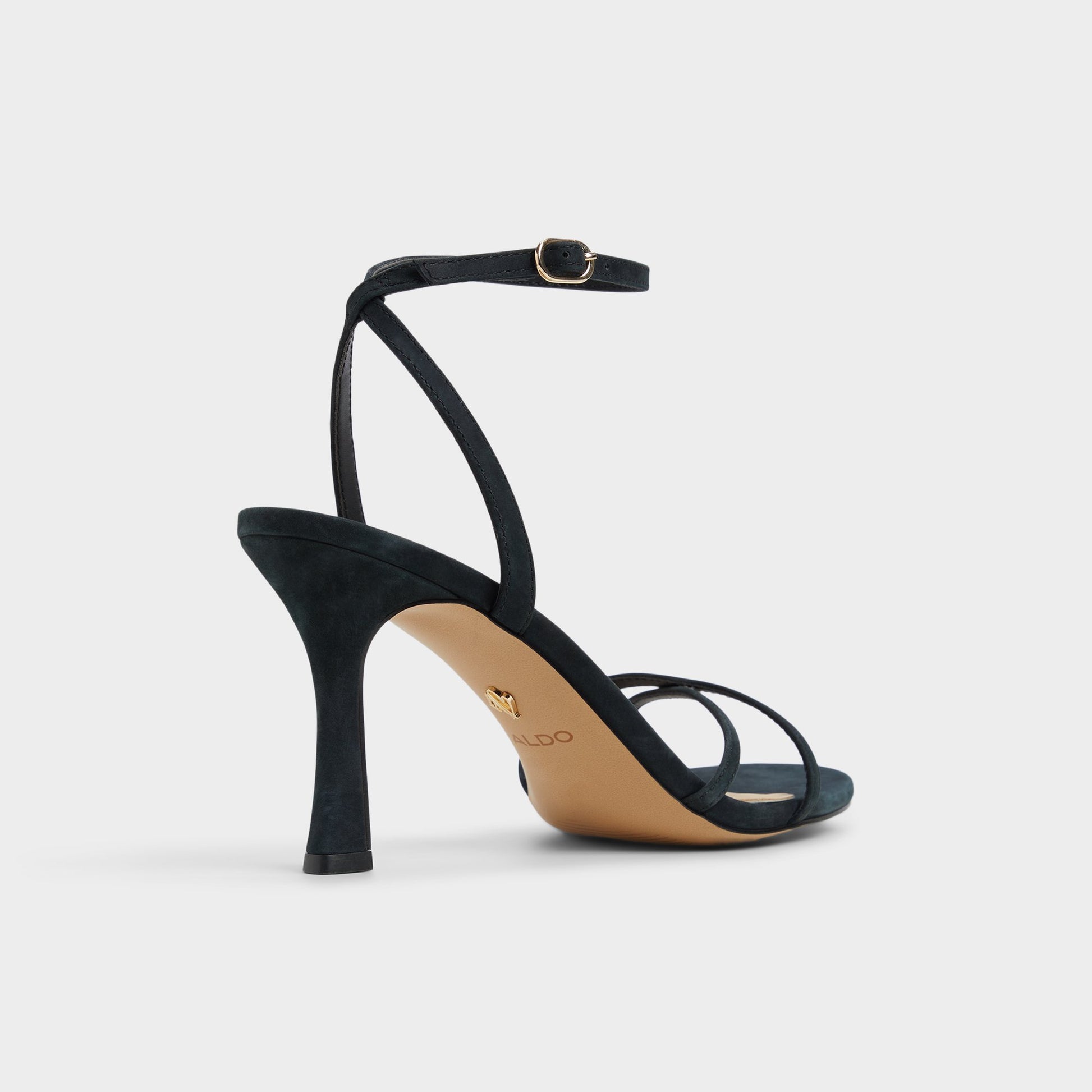 Three-quarter angle of Black Marbela Strappy heeled sandal's back side