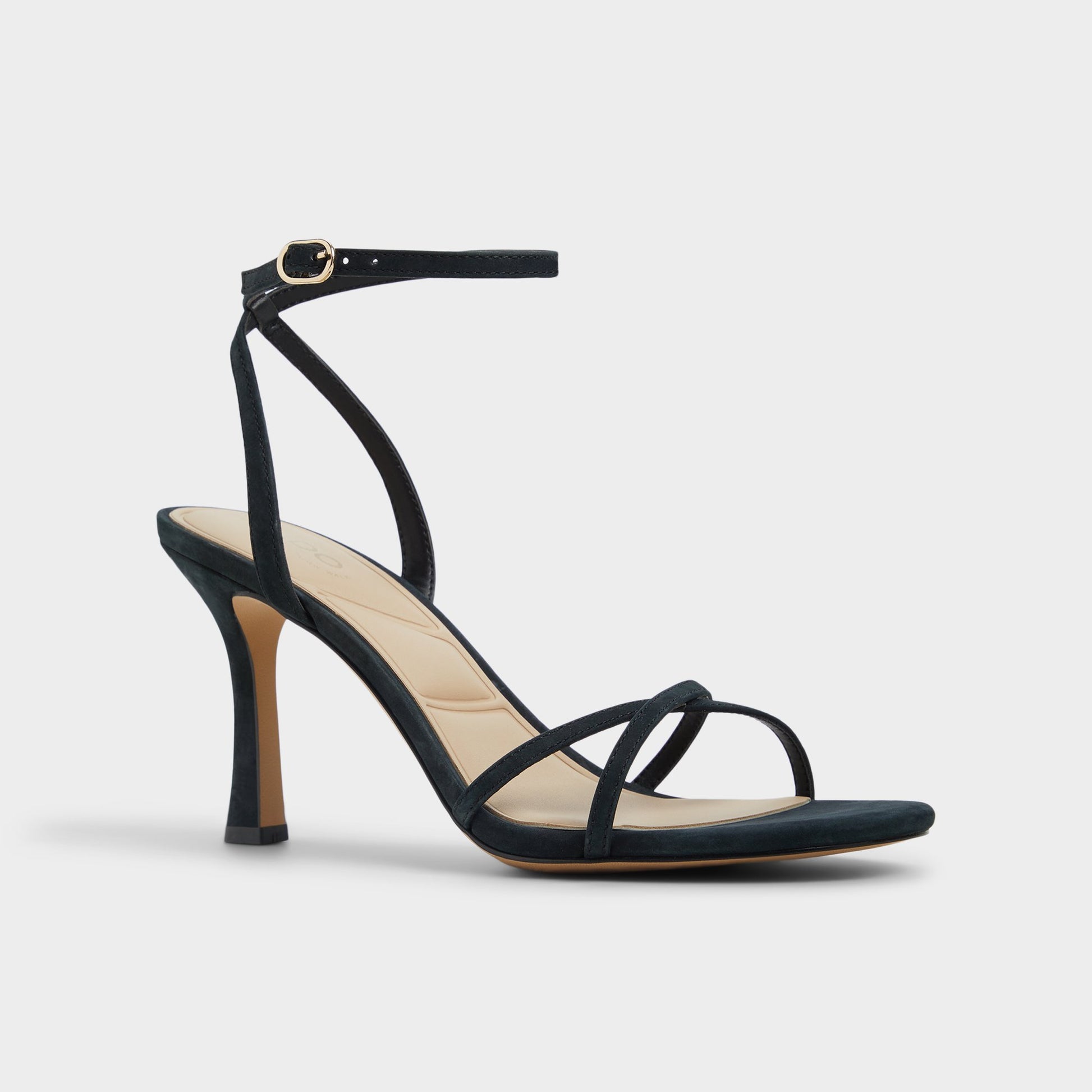 Three-quarter angle of Black Marbela Strappy heeled sandal's front side