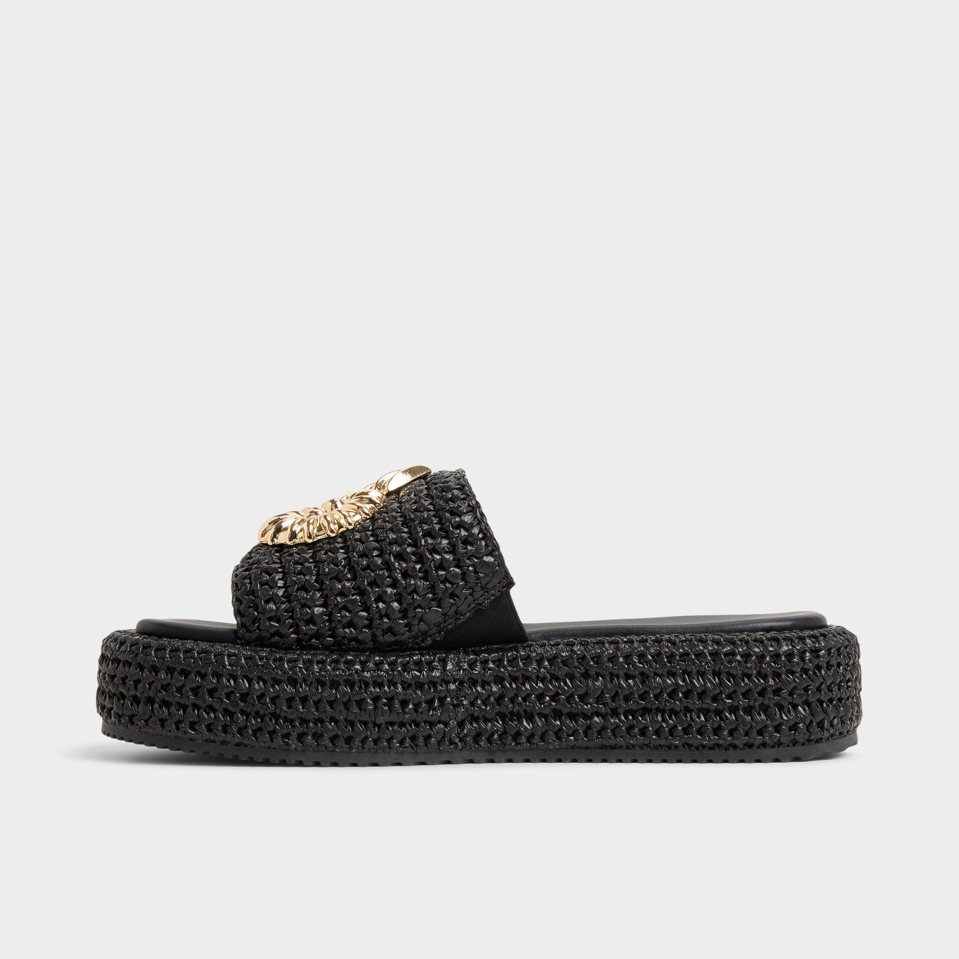 Side view of Black Justbeachy Flatform sandal