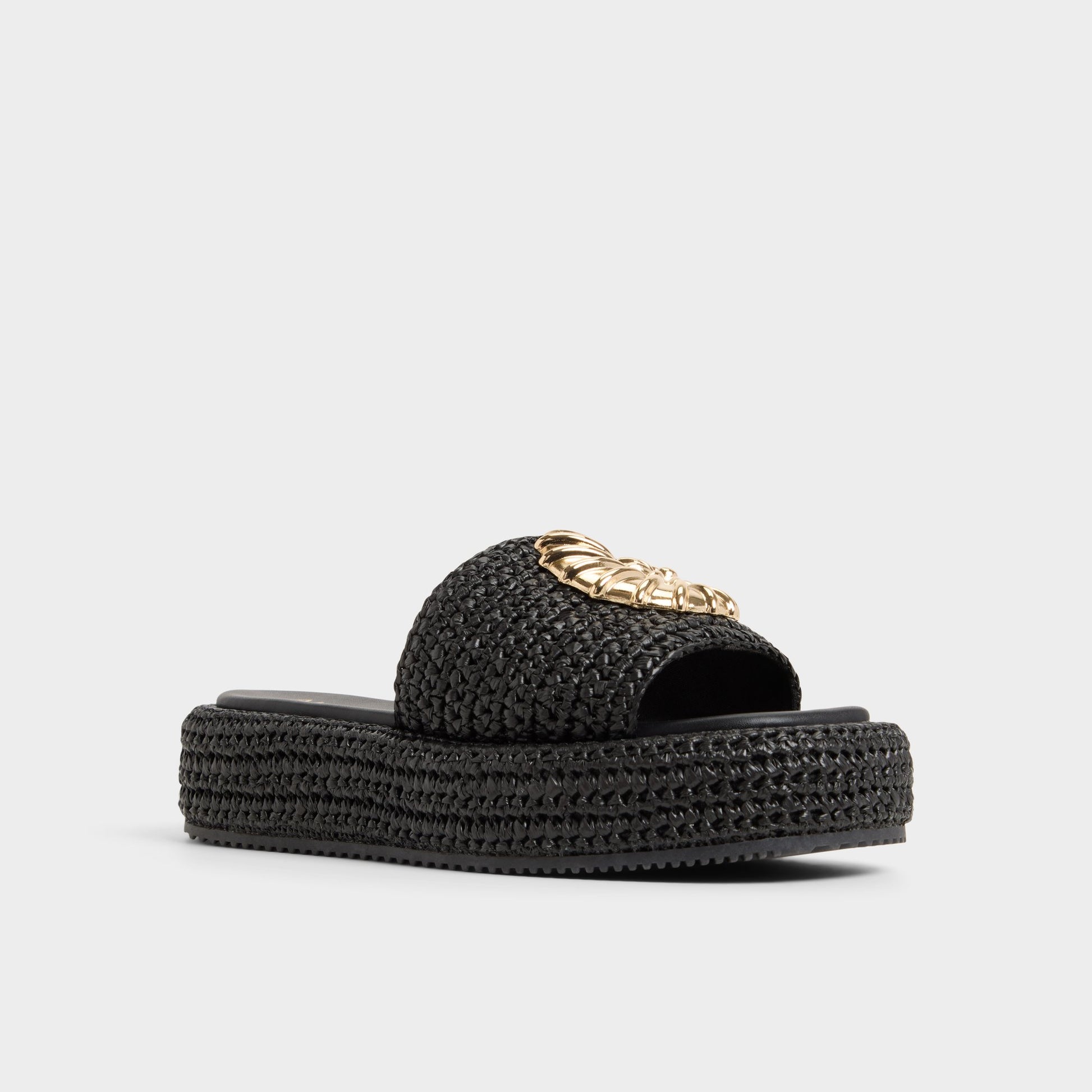 Three-quarter angle of Black Justbeachy Flatform sandal's front side