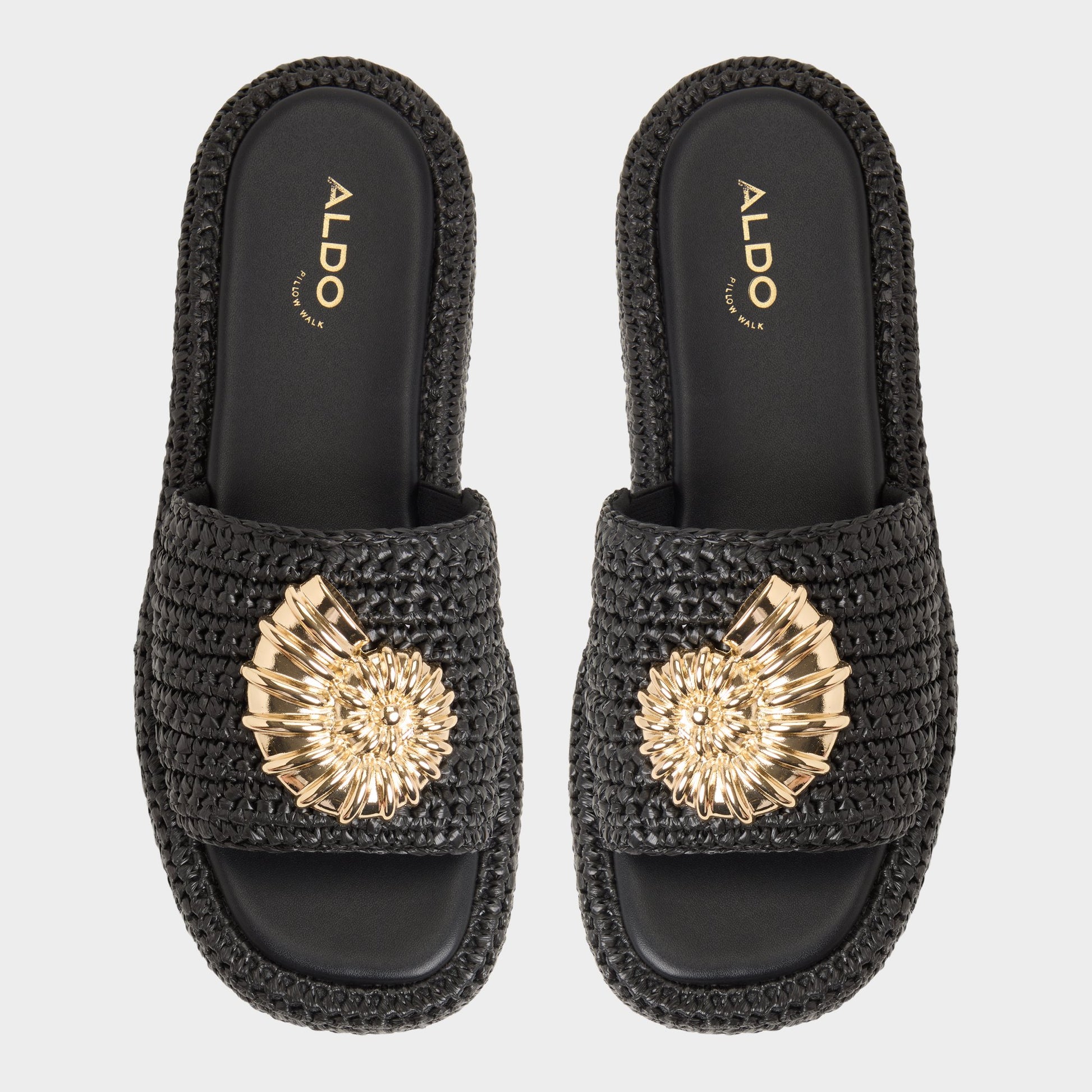Top-down view of the Black Justbeachy Flatform sandal