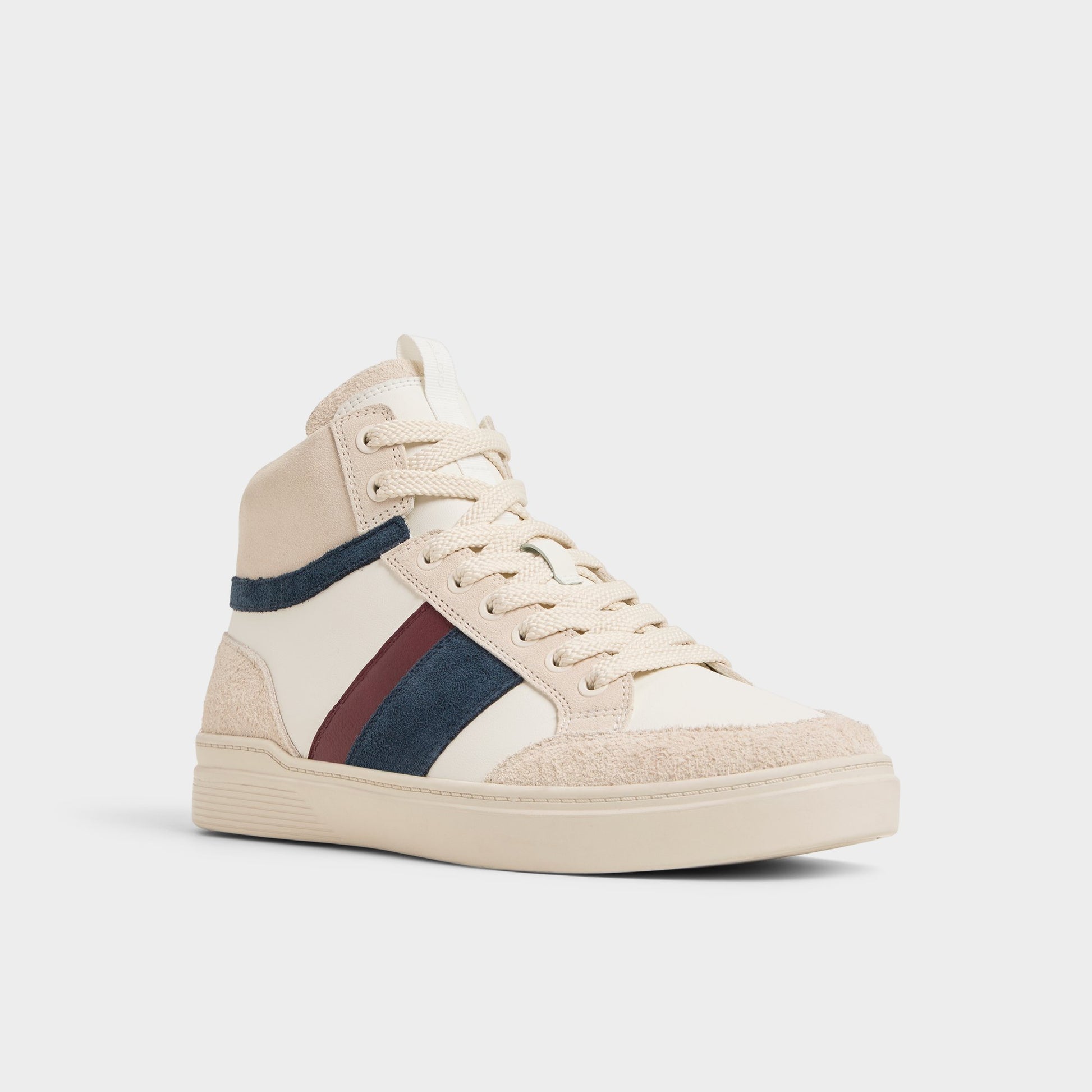 Three-quarter angle of White Retrotrainer High top sneaker's front side