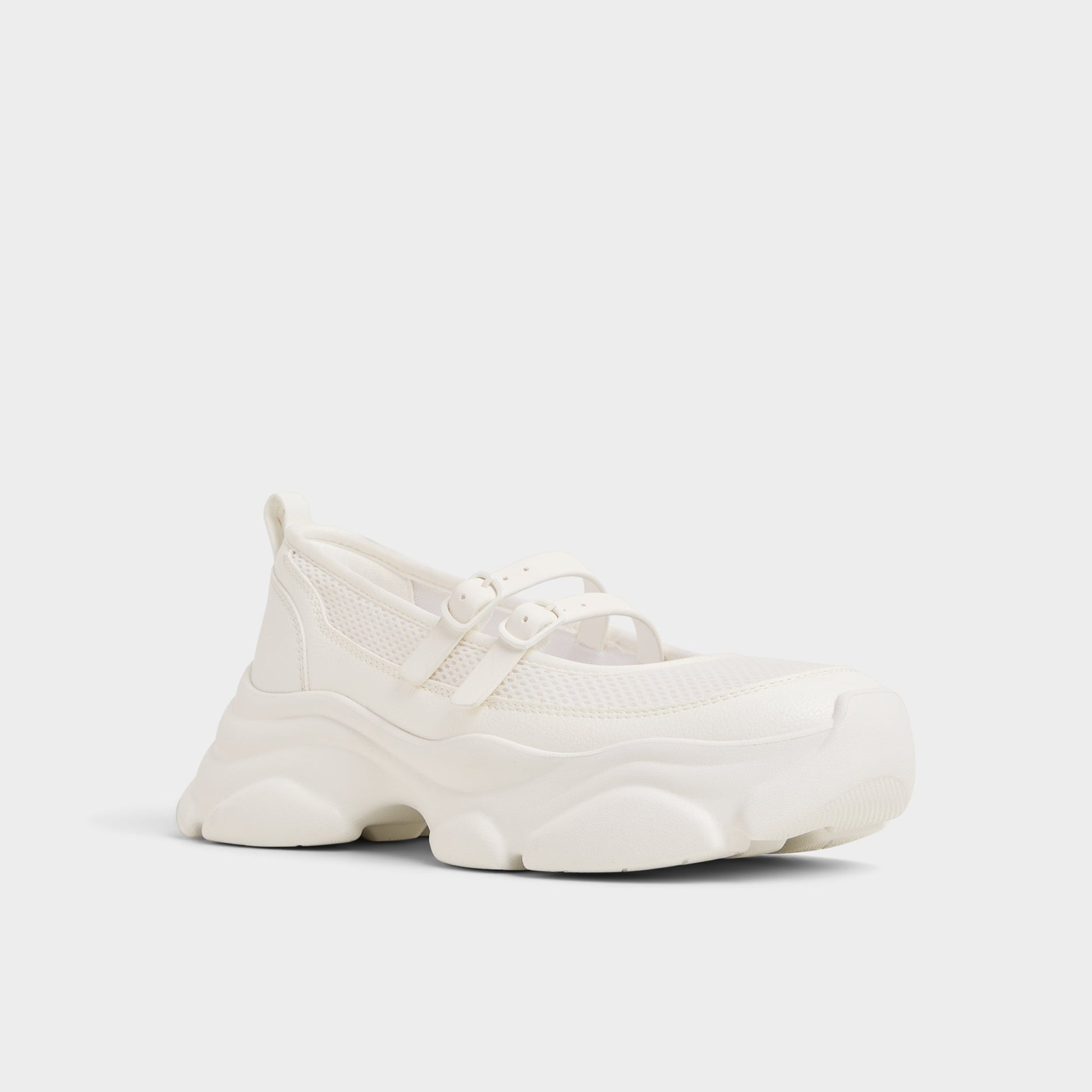 Three-quarter angle of White Aethera Mary Jane Sneakers's front side