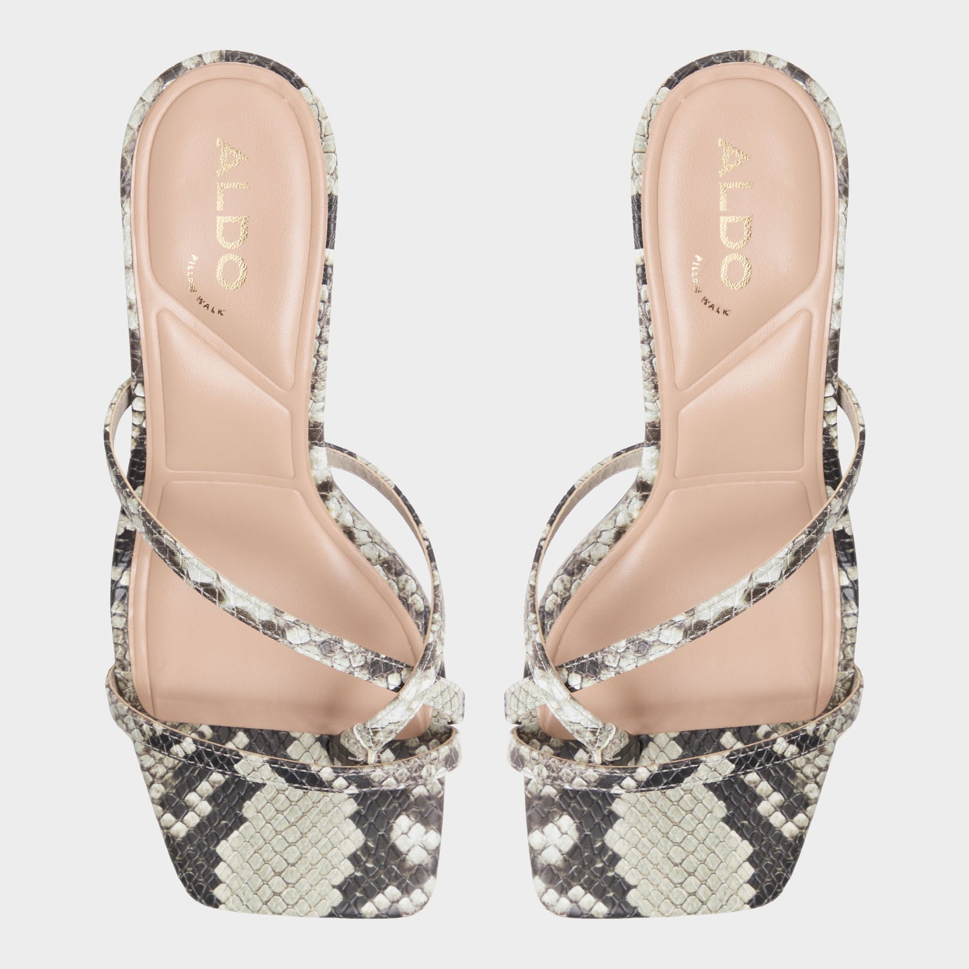 Top-down view of the White/Black Calypsa Strappy heeled sandal